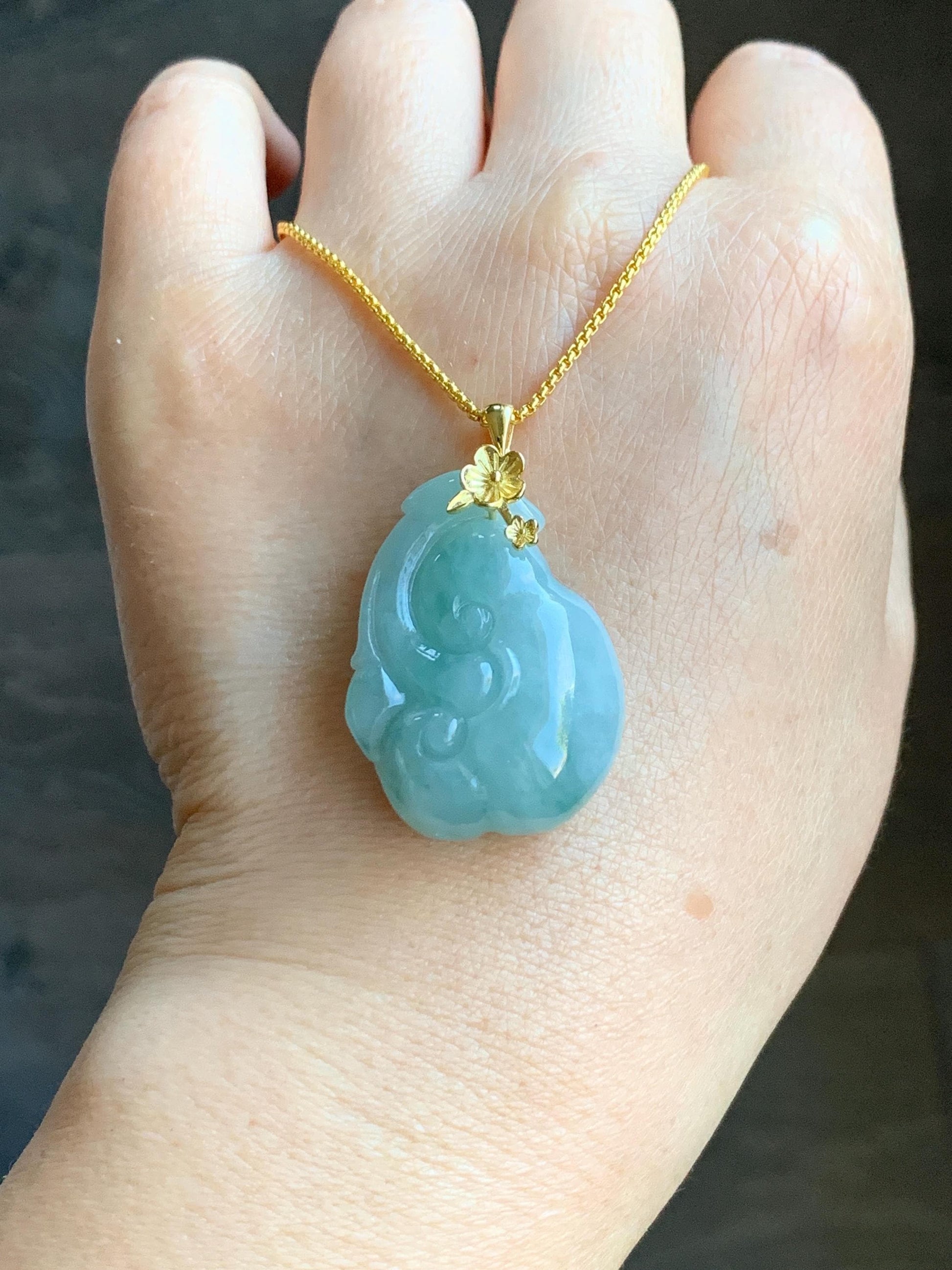 Natural Grade A Icy Translucent Gelatinous Light Greenish Blue Jadeite Pudgy Ruyi Pendant Sterling Silver Yellow Gold Finish 天然冰胶老种晴蓝底翡翠如意吊坠