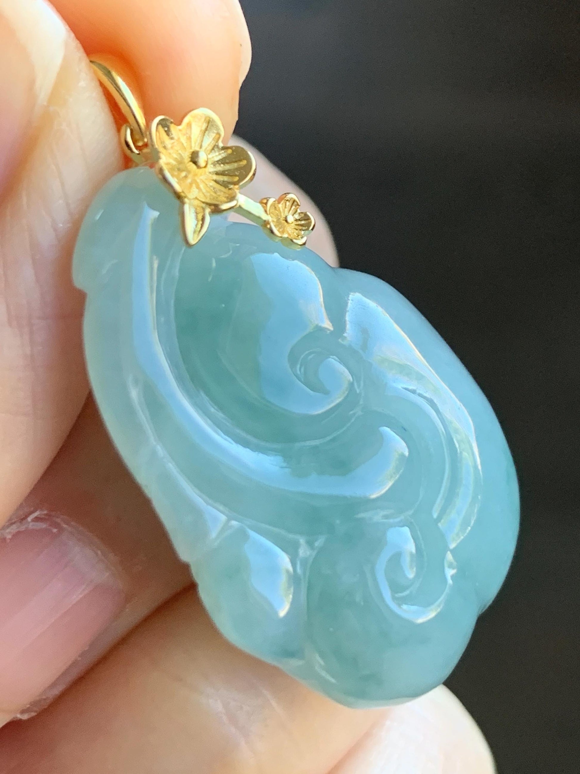 Natural Grade A Icy Translucent Gelatinous Light Greenish Blue Jadeite Pudgy Ruyi Pendant Sterling Silver Yellow Gold Finish 天然冰胶老种晴蓝底翡翠如意吊坠