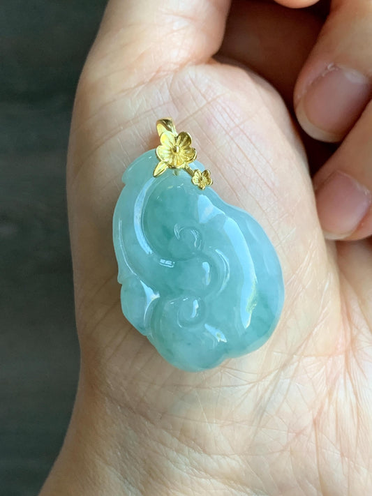Natural Grade A Icy Translucent Gelatinous Light Greenish Blue Jadeite Pudgy Ruyi Pendant Sterling Silver Yellow Gold Finish 天然冰胶老种晴蓝底翡翠如意吊坠