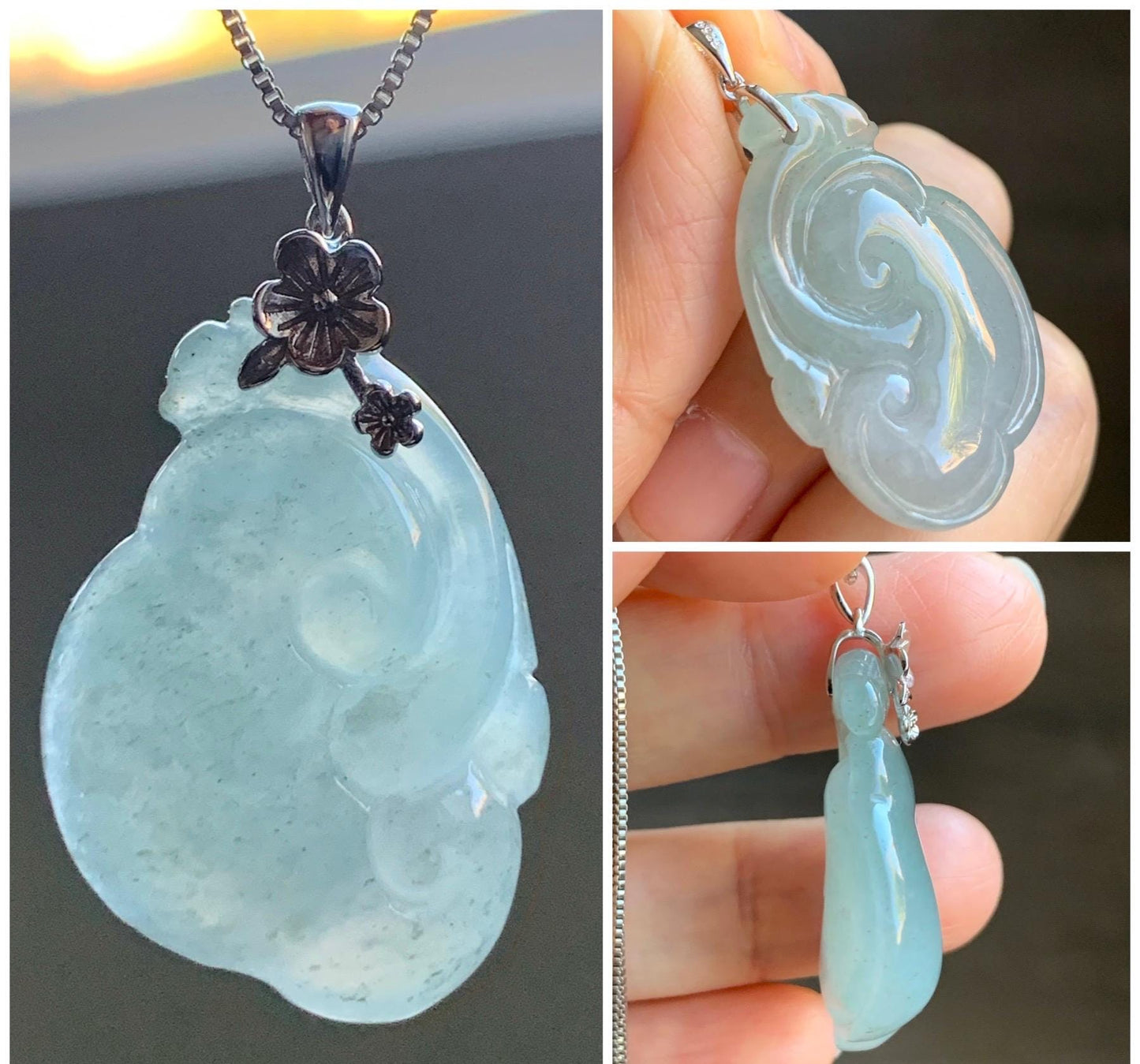Natural Grade A Icy Highly Translucent Gelatinous Light Dusty Blue Jadeite Pudgy Ruyi Pendant Sterling Silver 9g 天然冰胶老种淡蓝底飘乌鸡翡翠如意吊坠
