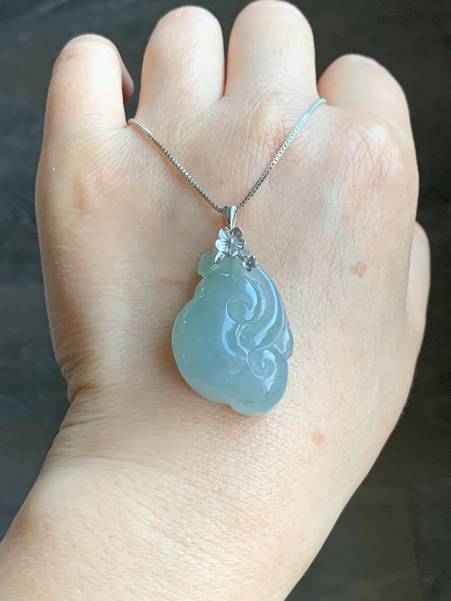 Natural Grade A Icy Highly Translucent Gelatinous Light Dusty Blue Jadeite Pudgy Ruyi Pendant Sterling Silver 9g 天然冰胶老种淡蓝底飘乌鸡翡翠如意吊坠