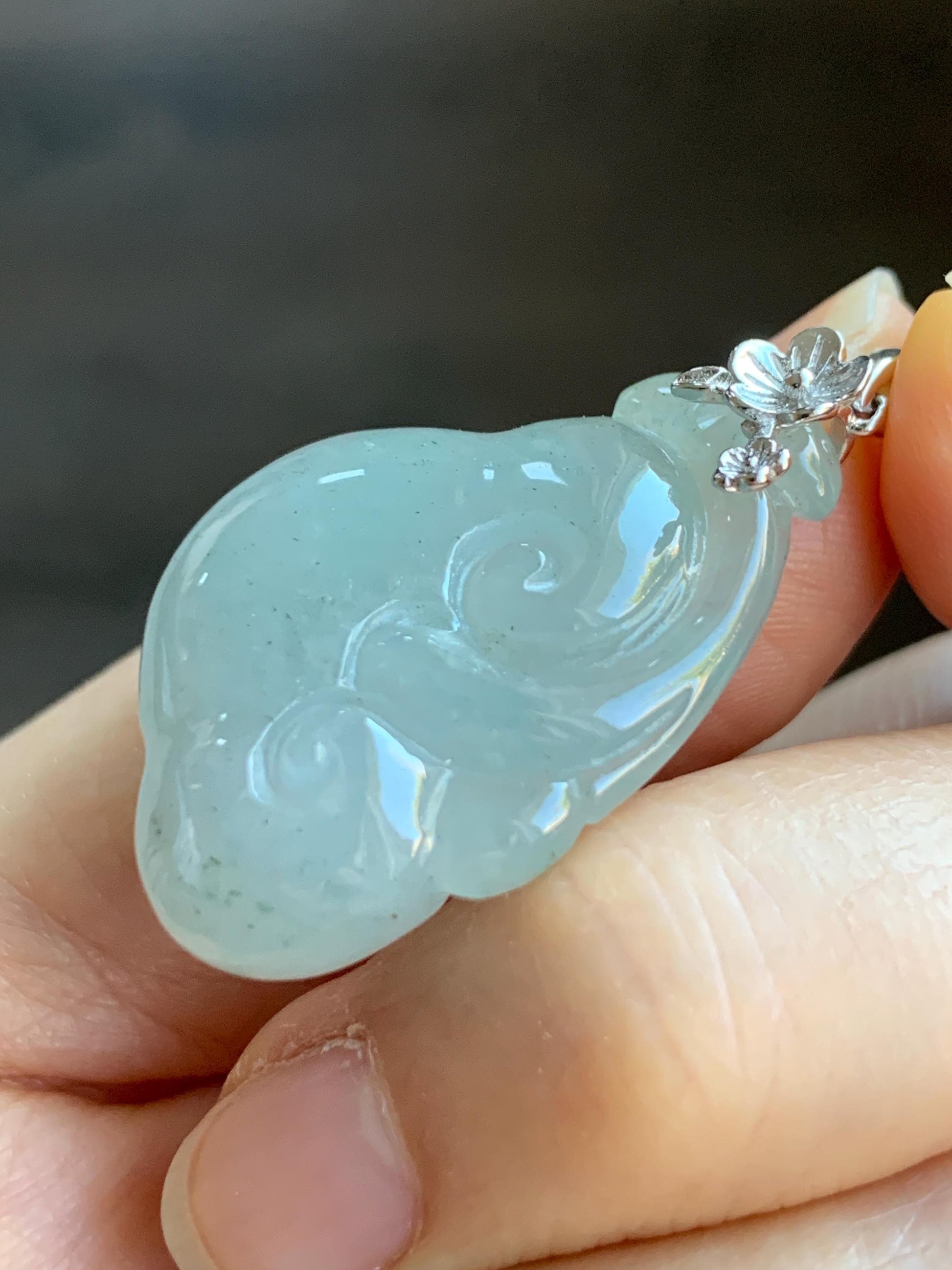 Natural Grade A Icy Highly Translucent Gelatinous Light Dusty Blue Jadeite Pudgy Ruyi Pendant Sterling Silver 9g 天然冰胶老种淡蓝底飘乌鸡翡翠如意吊坠