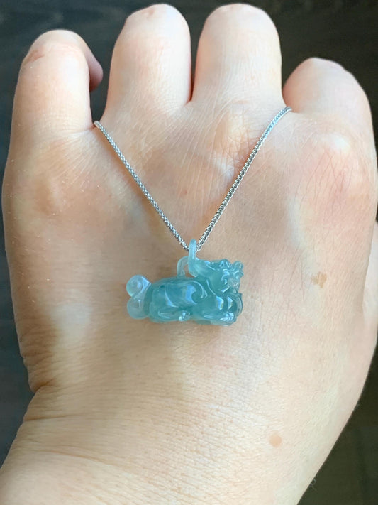 Certified Natural Icy Highly Translucent Gelatinous Teal Blue Jadeite Pixiu with Bail Pendant Sterling Silver Chain 天然老种冰危蓝翡翠含珠貔貅吊坠套链 7795