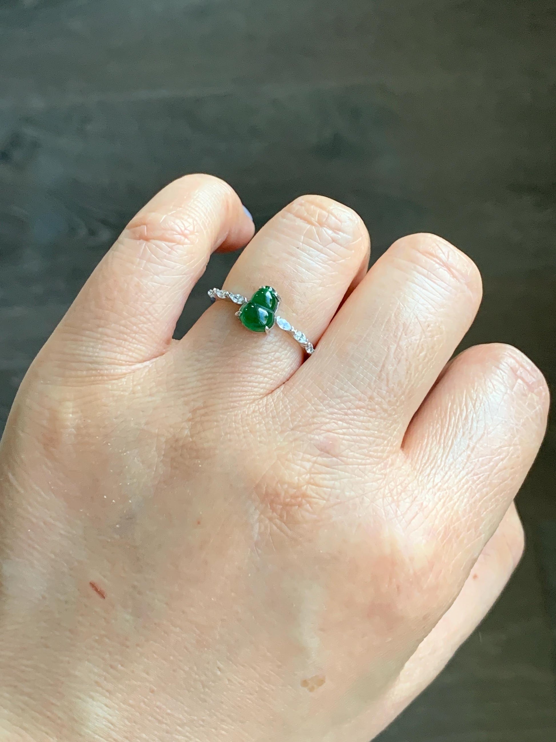 Natural Grade A Icy Translucent Green Jadeite Gourd Hulu Solitaire Ring Sterling Silver Size Adjustable 天然冰危绿翡翠葫芦蛋面银镶戒指 HL50