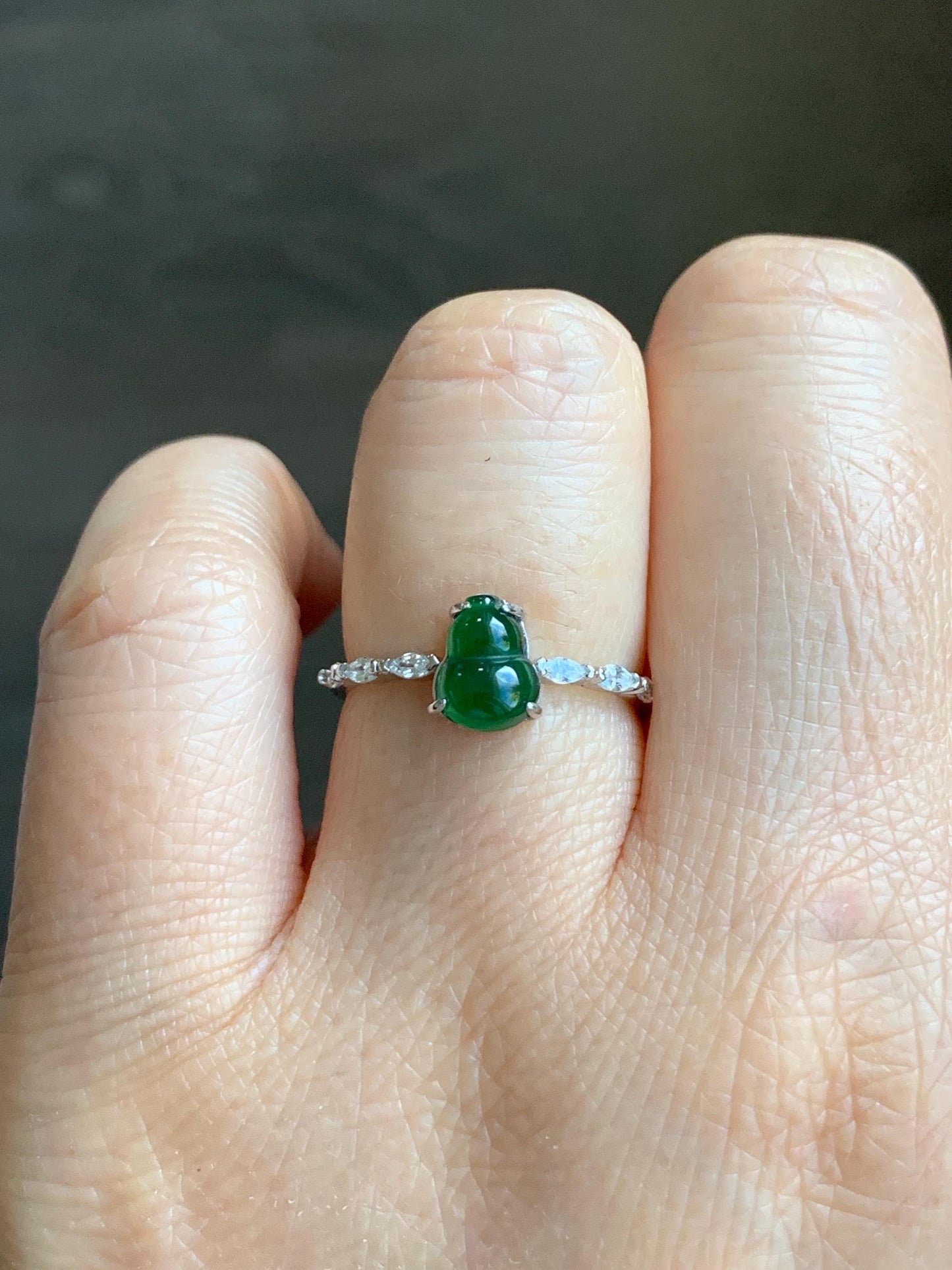 Natural Grade A Icy Translucent Green Jadeite Gourd Hulu Solitaire Ring Sterling Silver Size Adjustable 天然冰危绿翡翠葫芦蛋面银镶戒指 HL50
