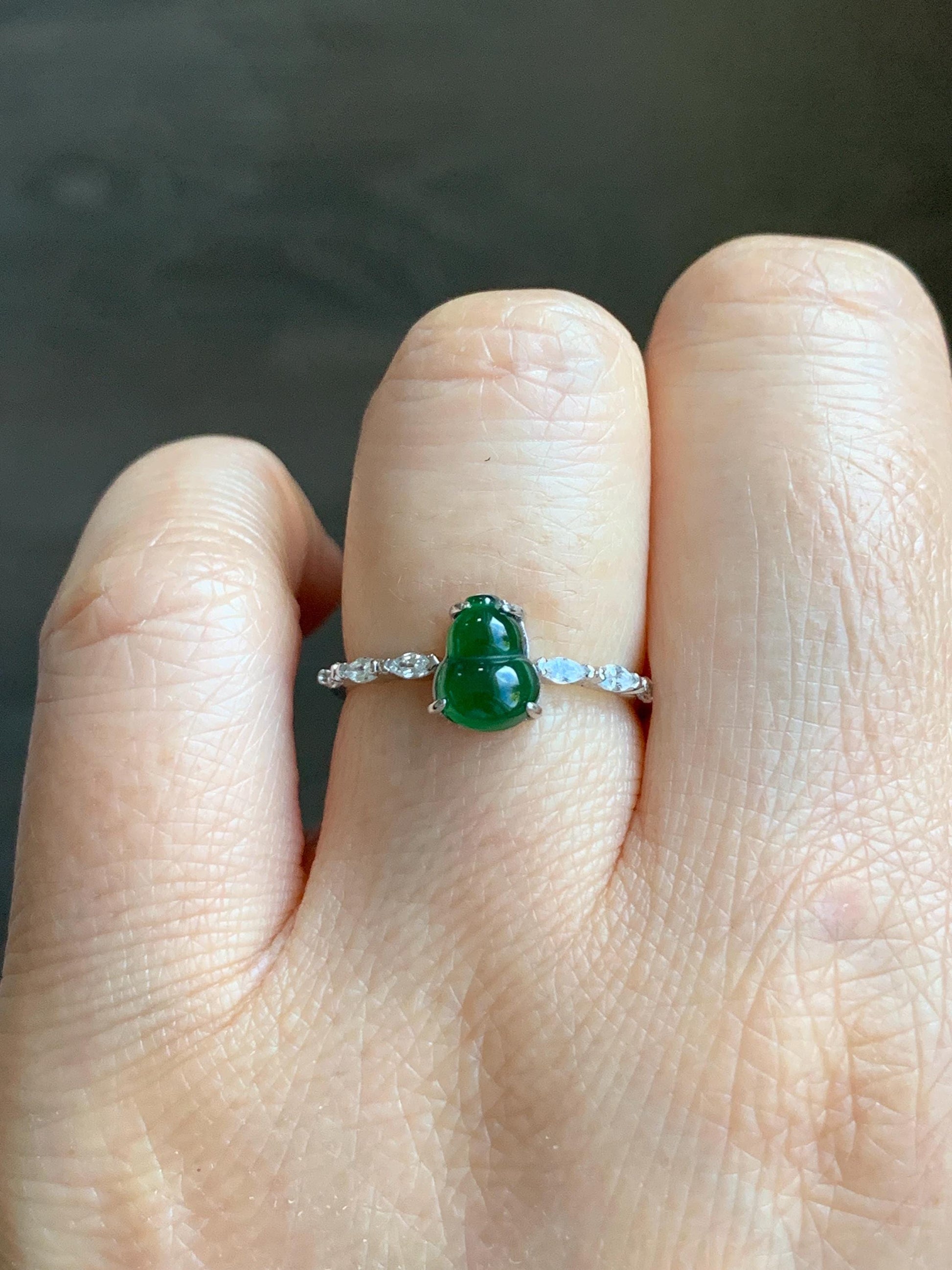 Natural Grade A Icy Translucent Green Jadeite Gourd Hulu Solitaire Ring Sterling Silver Size Adjustable 天然冰危绿翡翠葫芦蛋面银镶戒指 HL50