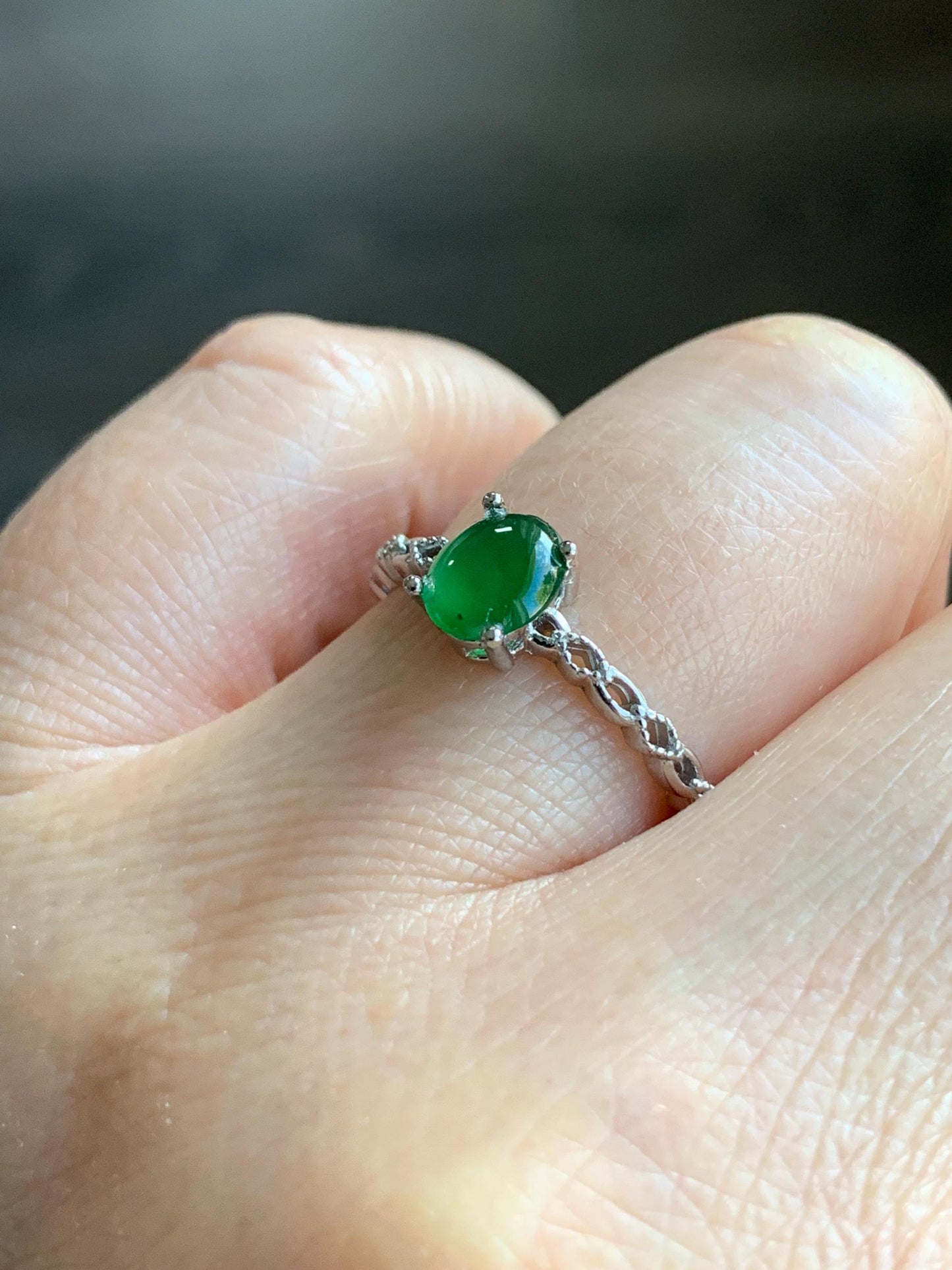 Natural Grade A Icy Highly Translucent Green Jadeite Oval Cabochon Solitaire Ring Sterling Silver Size Adjustable 天然冰危绿翡翠蛋面银镶戒指 YDQ98