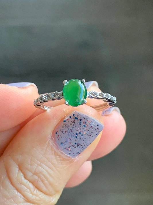 Natural Grade A Icy Highly Translucent Green Jadeite Oval Cabochon Solitaire Ring Sterling Silver Size Adjustable 天然冰危绿翡翠蛋面银镶戒指 YDQ98