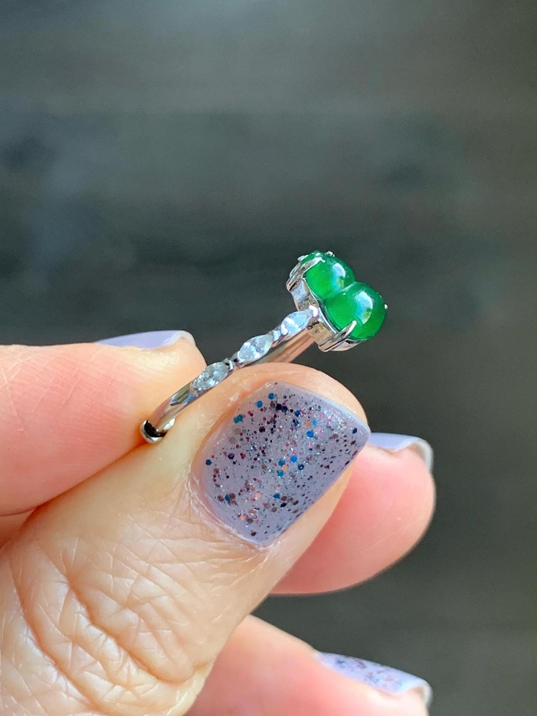 Natural Grade A Icy Translucent Green Jadeite Gourd Hulu Solitaire Ring Sterling Silver Size Adjustable 天然冰危绿翡翠葫芦蛋面银镶戒指 HL50