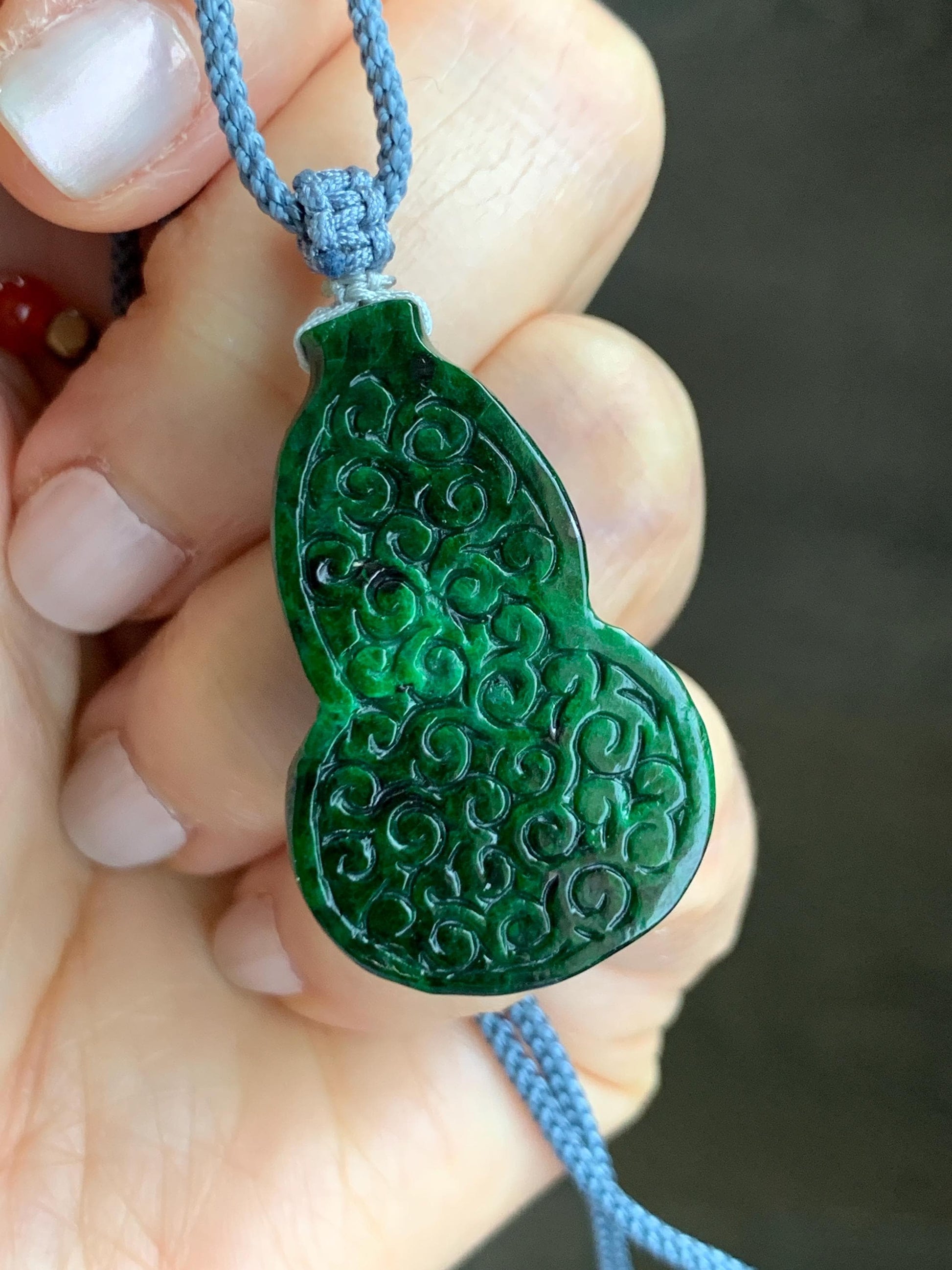 Natural Grade A Icy Dark Green Vibrant Green Marbled Jadeite Engraved Gourd Hulu Pendant Rope Necklace Adjustable