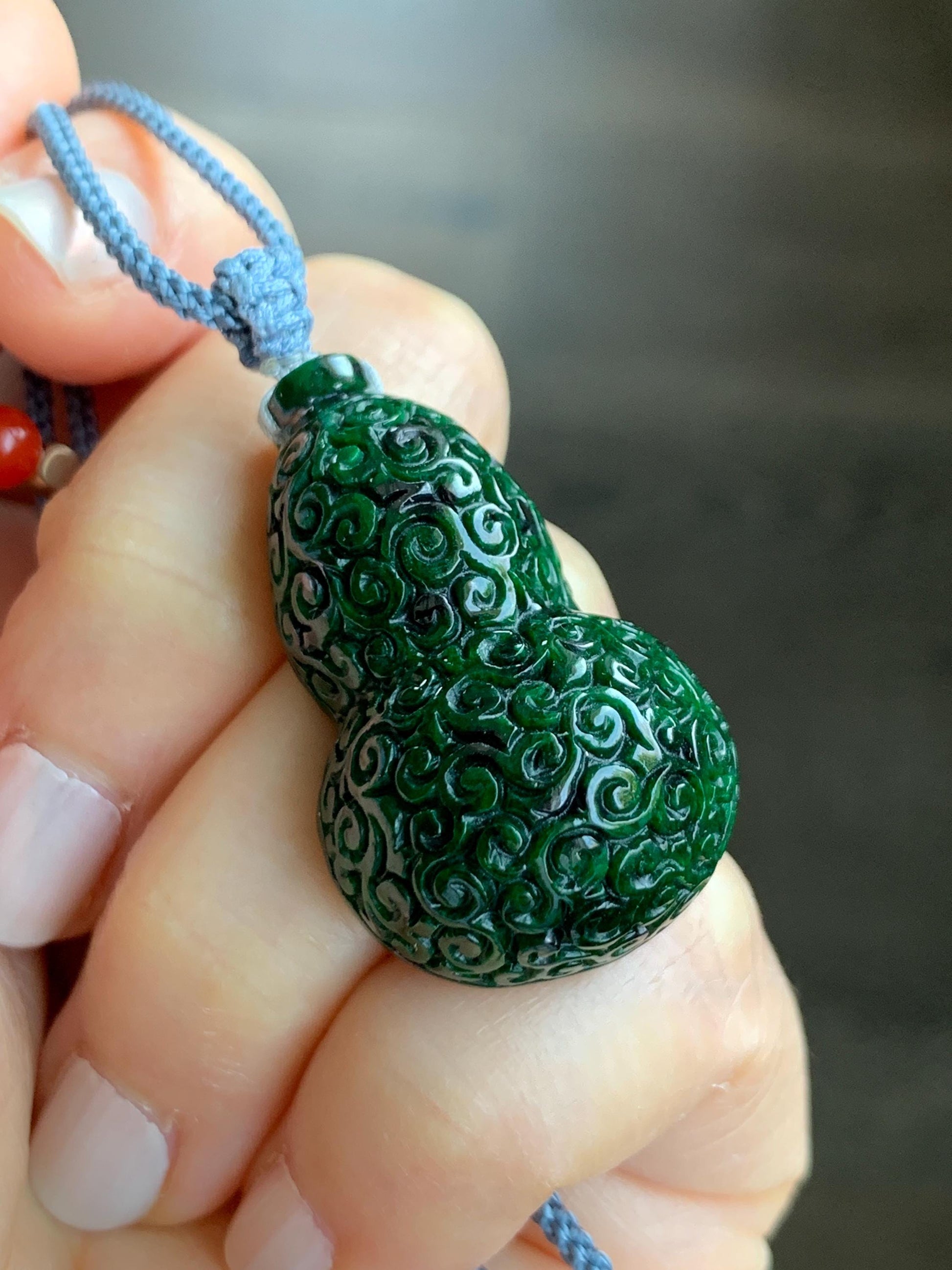 Natural Grade A Icy Dark Green Vibrant Green Marbled Jadeite Engraved Gourd Hulu Pendant Rope Necklace Adjustable