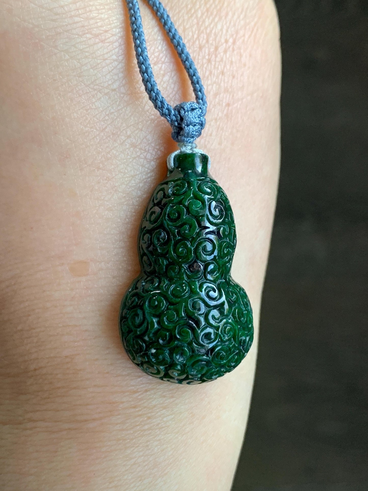 Natural Grade A Icy Dark Green Vibrant Green Marbled Jadeite Engraved Gourd Hulu Pendant Rope Necklace Adjustable