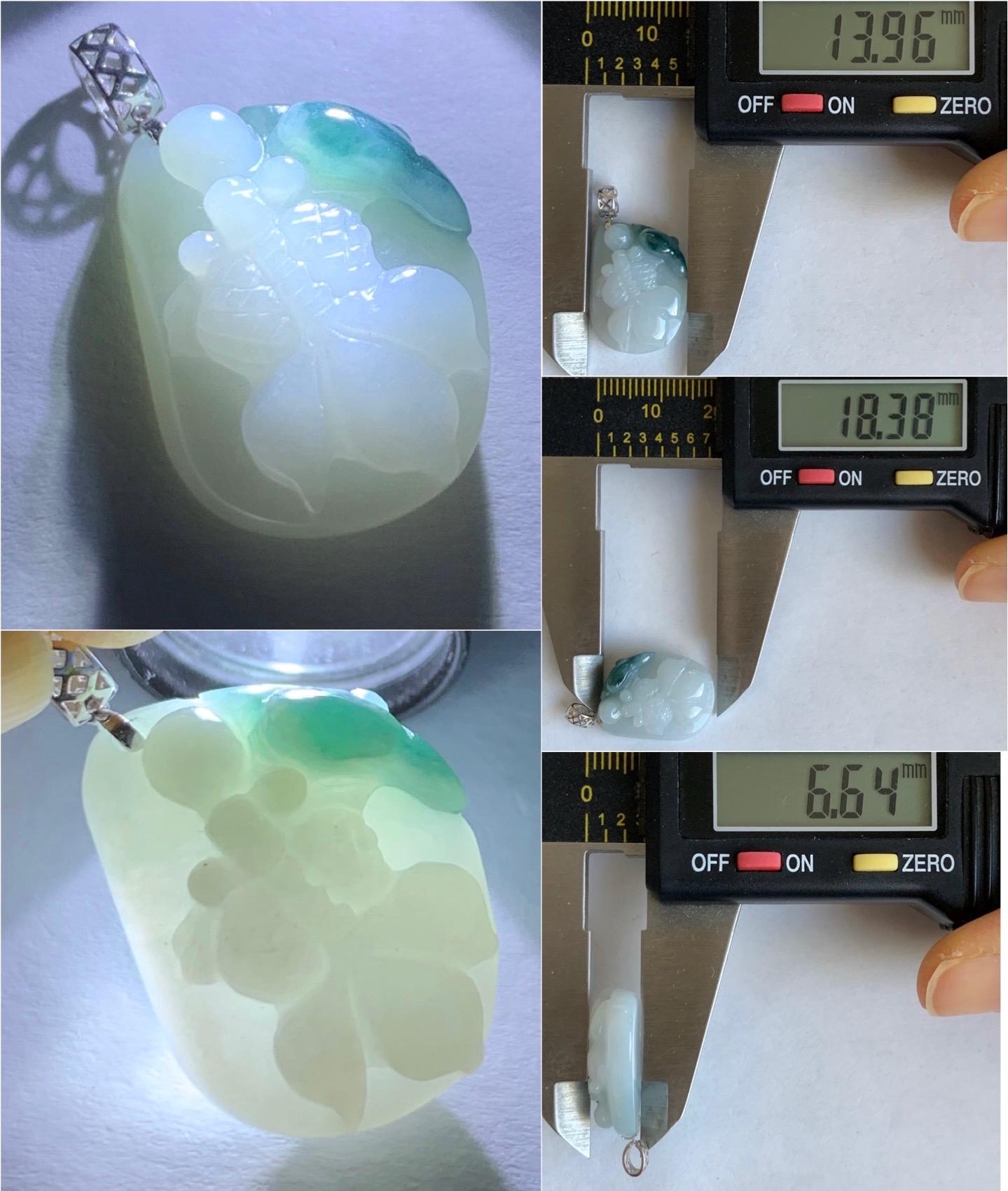 Natural Grade A Icy Translucent White & Dark Teal Blue Marbled Jadeite Carved Goldfish Lily Pad Pendant 18K White Gold 3g 天然冰飘蓝花翡翠金鱼满堂镶嵌吊坠