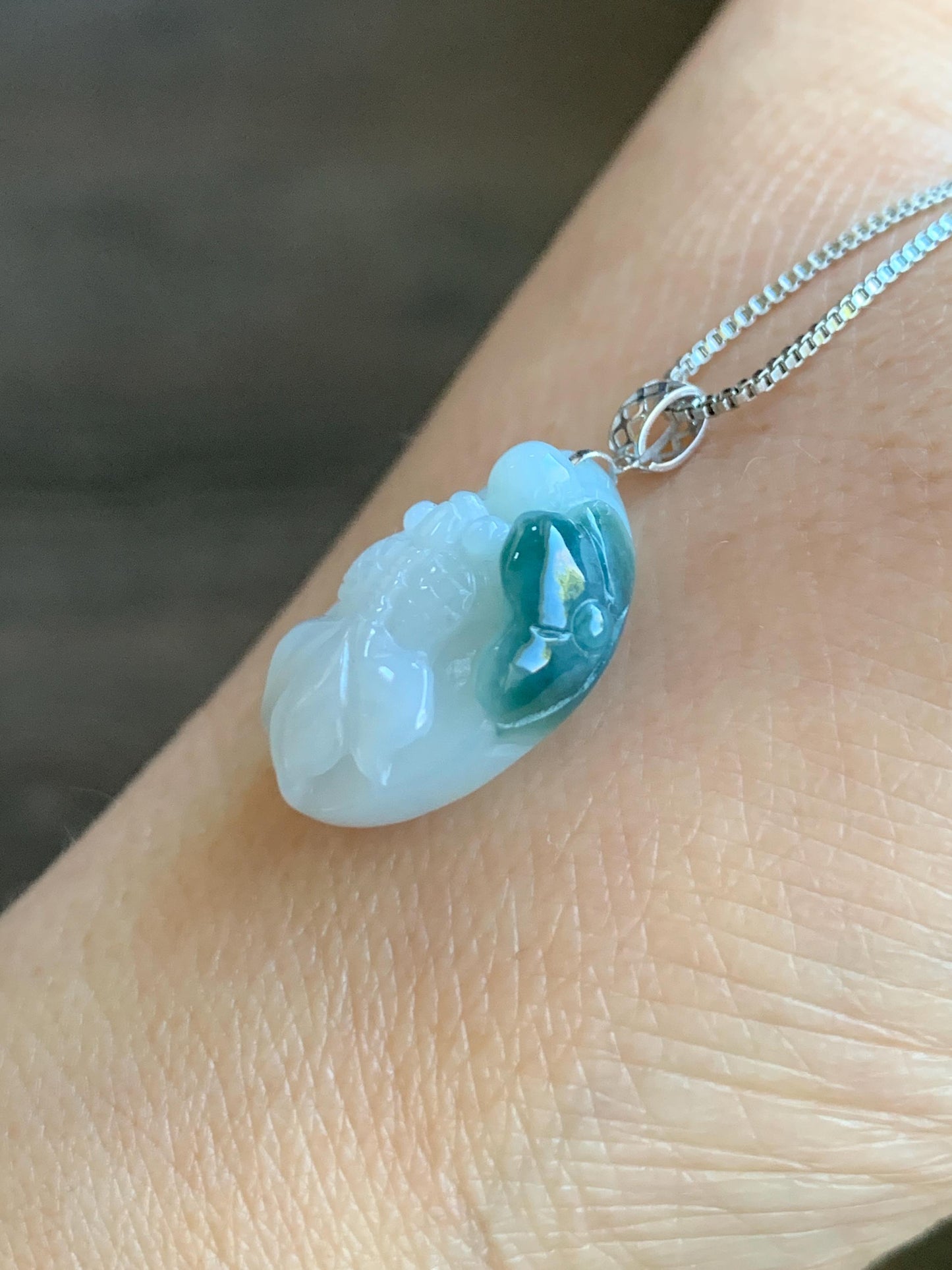 Natural Grade A Icy Translucent White & Dark Teal Blue Marbled Jadeite Carved Goldfish Lily Pad Pendant 18K White Gold 3g 天然冰飘蓝花翡翠金鱼满堂镶嵌吊坠