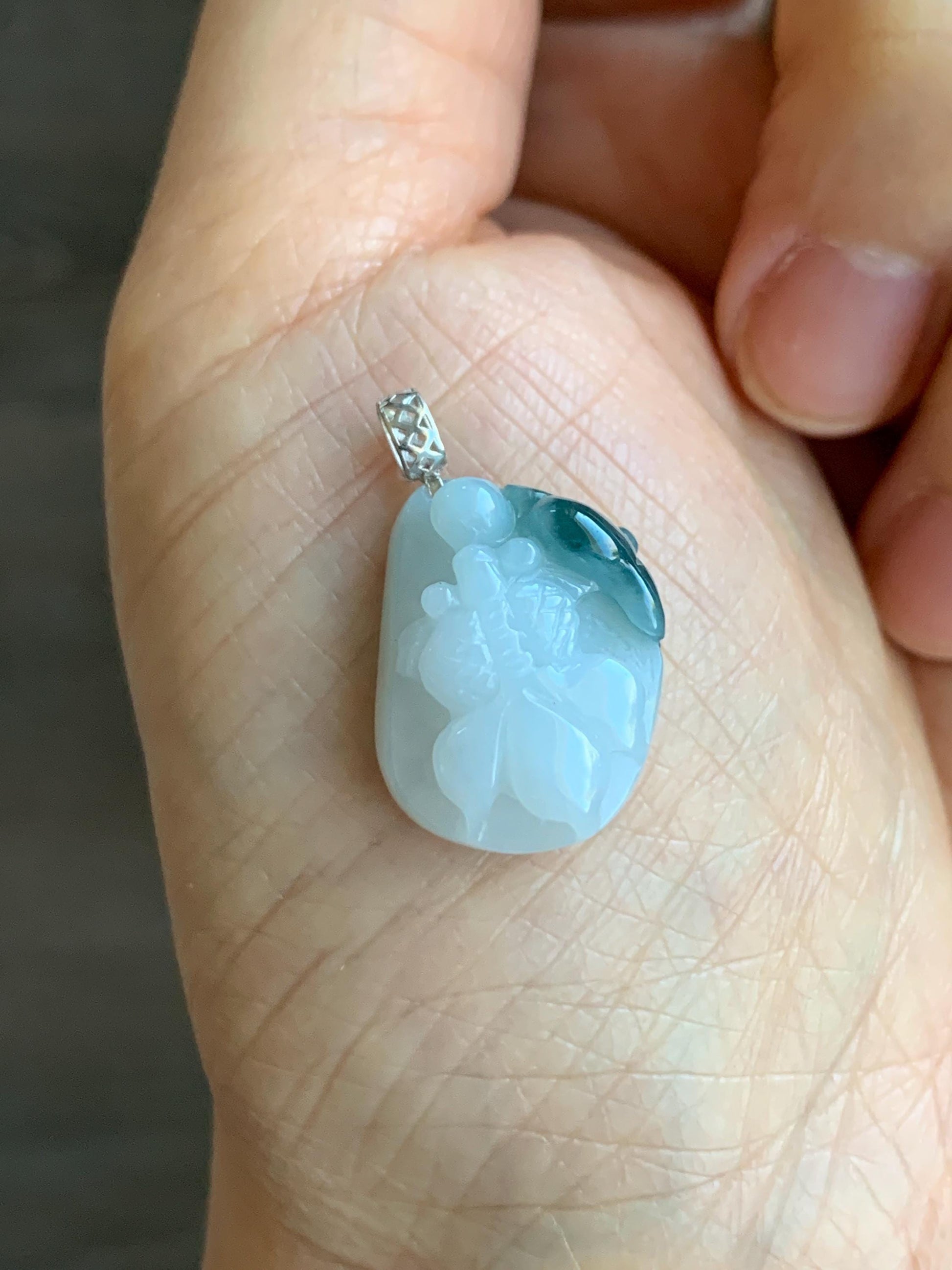 Natural Grade A Icy Translucent White & Dark Teal Blue Marbled Jadeite Carved Goldfish Lily Pad Pendant 18K White Gold 3g 天然冰飘蓝花翡翠金鱼满堂镶嵌吊坠