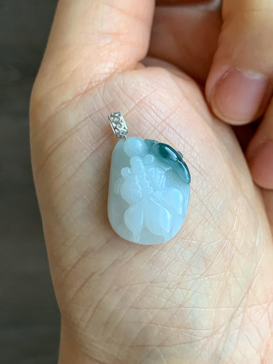 Natural Grade A Icy Translucent White & Dark Teal Blue Marbled Jadeite Carved Goldfish Lily Pad Pendant 18K White Gold 3g 天然冰飘蓝花翡翠金鱼满堂镶嵌吊坠