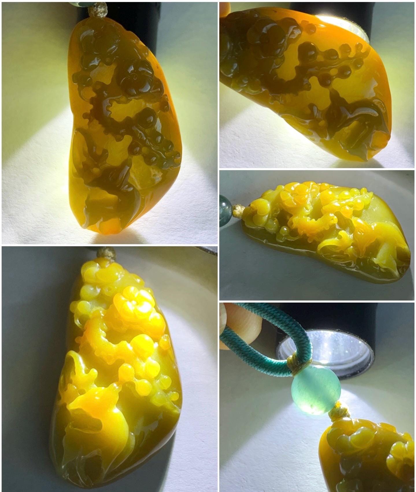 Natural Grade A Icy Translucent Rich Yellow Jadeite Deer Cherry Blossom Pendant Rope Necklace Adjustable 25” 12g 天然冰危油黄翡翠梅花鹿吊坠挂件