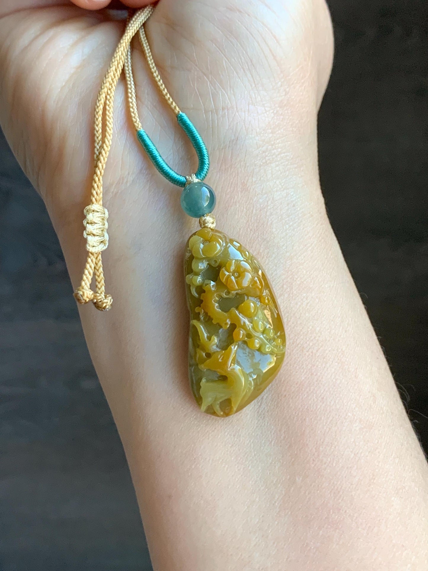 Natural Grade A Icy Translucent Rich Yellow Jadeite Deer Cherry Blossom Pendant Rope Necklace Adjustable 25” 12g 天然冰危油黄翡翠梅花鹿吊坠挂件