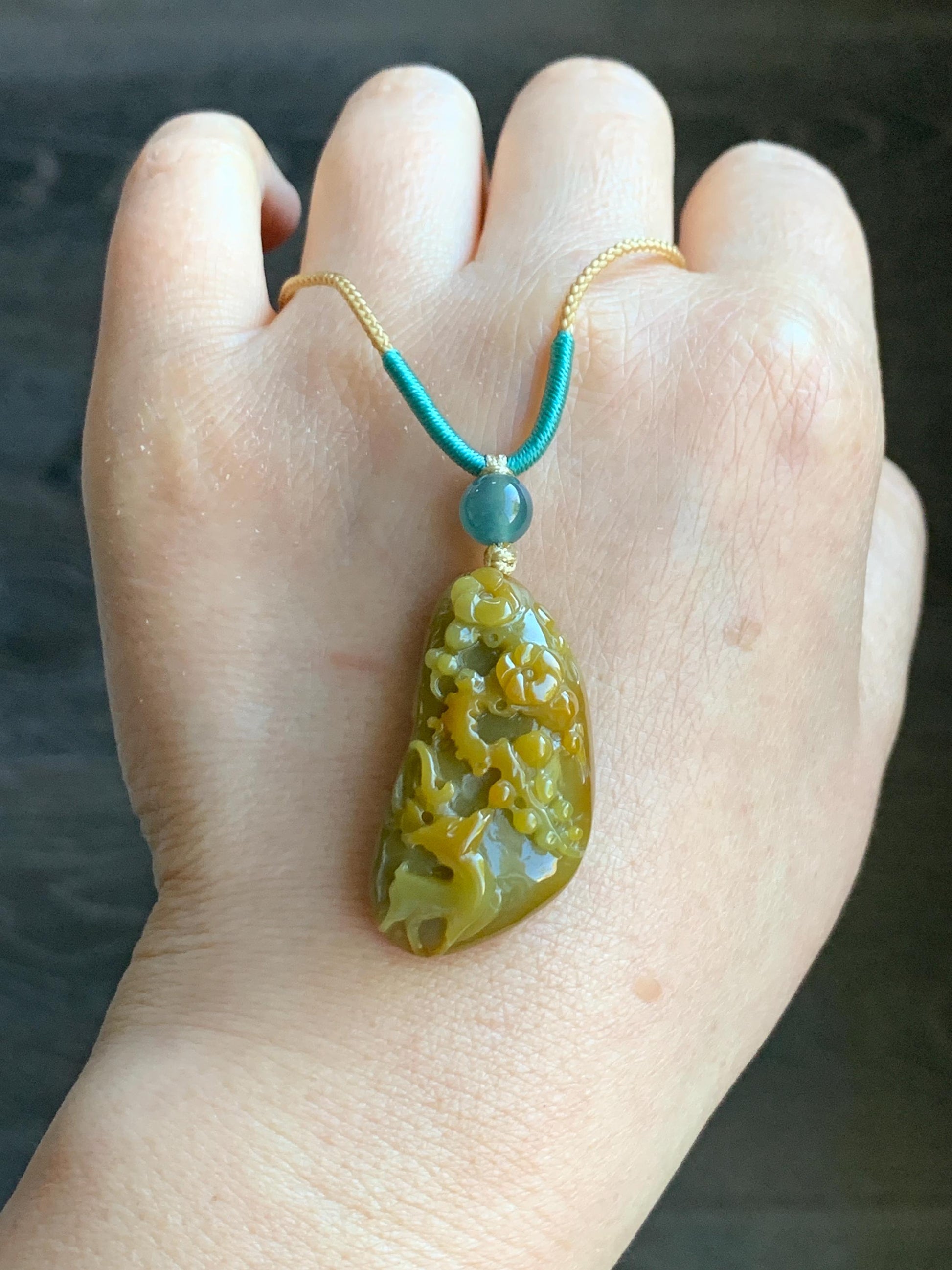 Natural Grade A Icy Translucent Rich Yellow Jadeite Deer Cherry Blossom Pendant Rope Necklace Adjustable 25” 12g 天然冰危油黄翡翠梅花鹿吊坠挂件