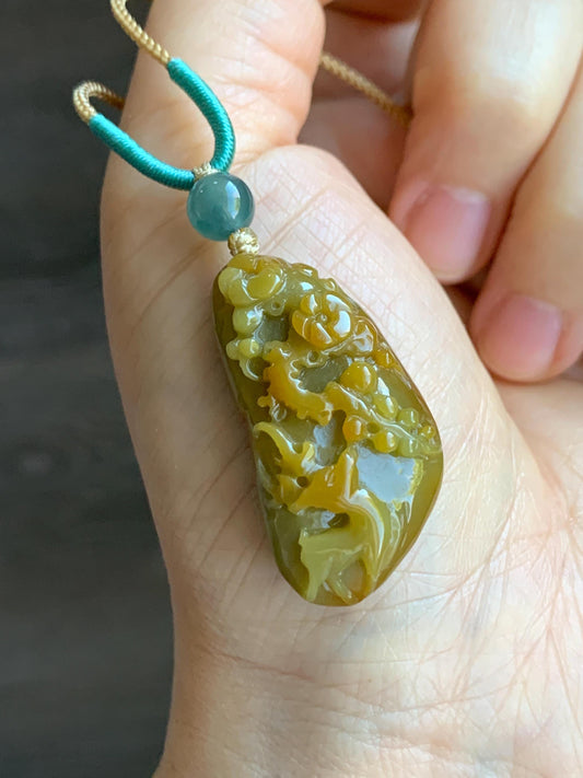 Natural Grade A Icy Translucent Rich Yellow Jadeite Deer Cherry Blossom Pendant Rope Necklace Adjustable 25” 12g 天然冰危油黄翡翠梅花鹿吊坠挂件