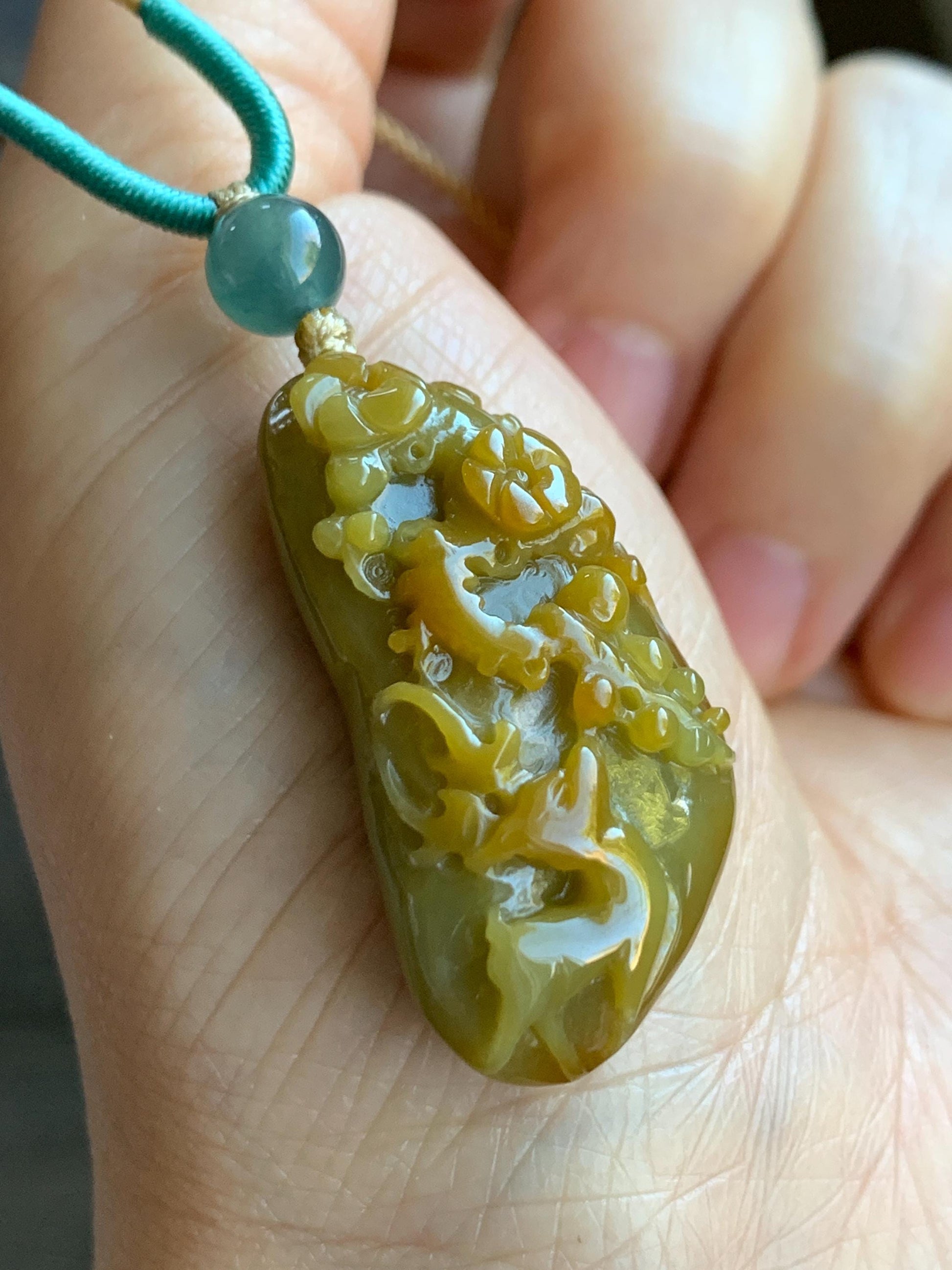 Natural Grade A Icy Translucent Rich Yellow Jadeite Deer Cherry Blossom Pendant Rope Necklace Adjustable 25” 12g 天然冰危油黄翡翠梅花鹿吊坠挂件