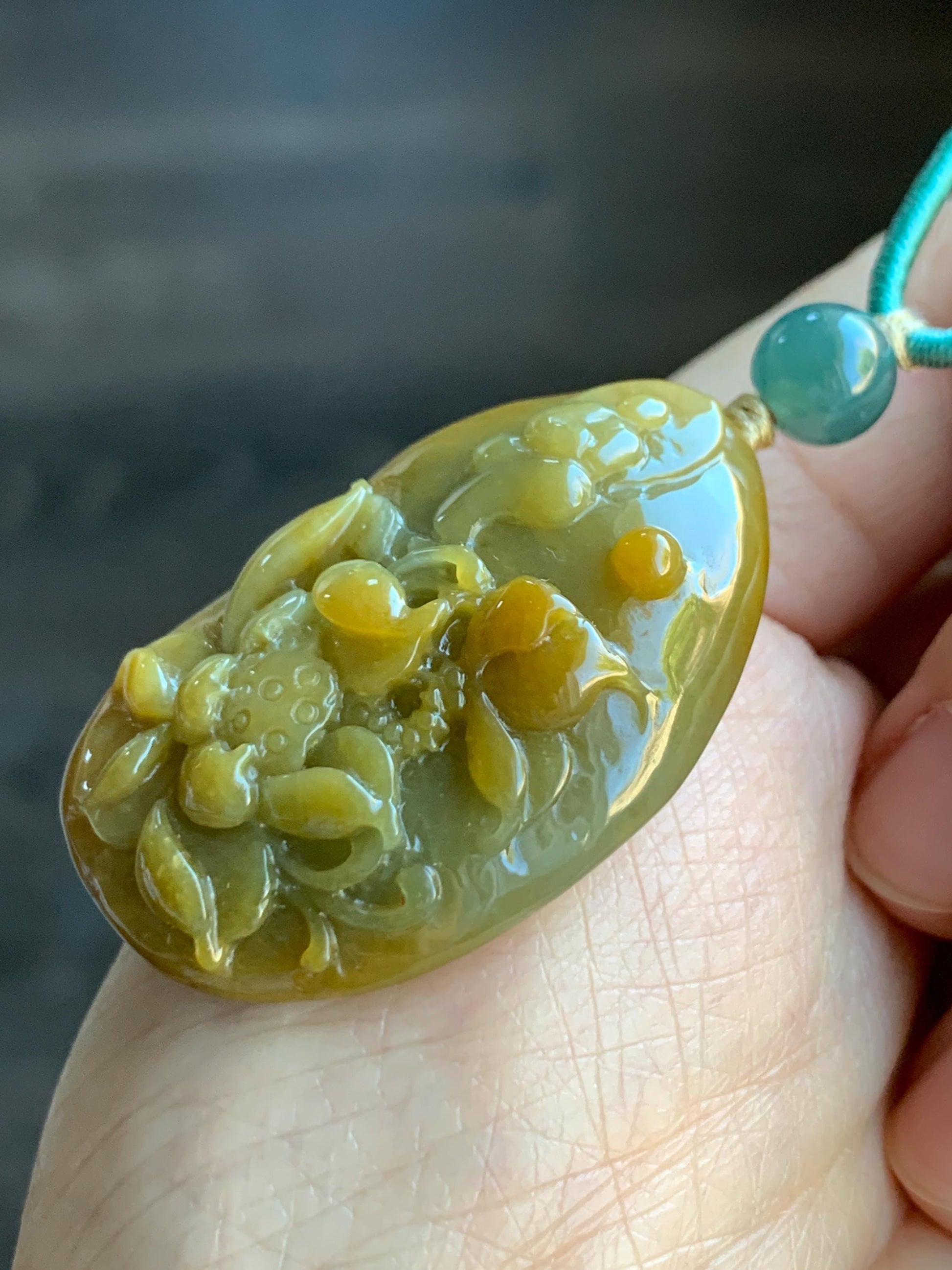 Natural Grade A Icy Translucent Intense Yellow Marbled Jadeite Lotus Flower & Chanting Monk Pendant Rope Necklace 25” 27g 天然冰危油黄翡翠梅花鹿吊坠挂件