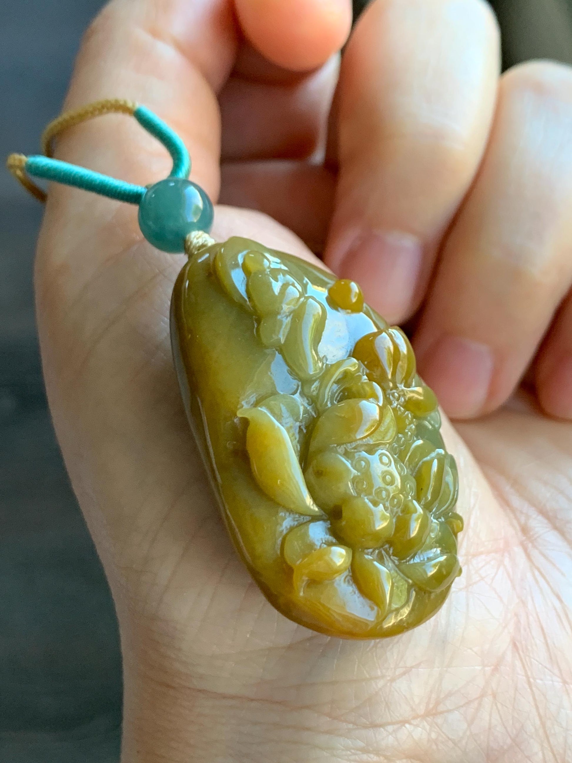 Natural Grade A Icy Translucent Intense Yellow Marbled Jadeite Lotus Flower & Chanting Monk Pendant Rope Necklace 25” 27g 天然冰危油黄翡翠梅花鹿吊坠挂件