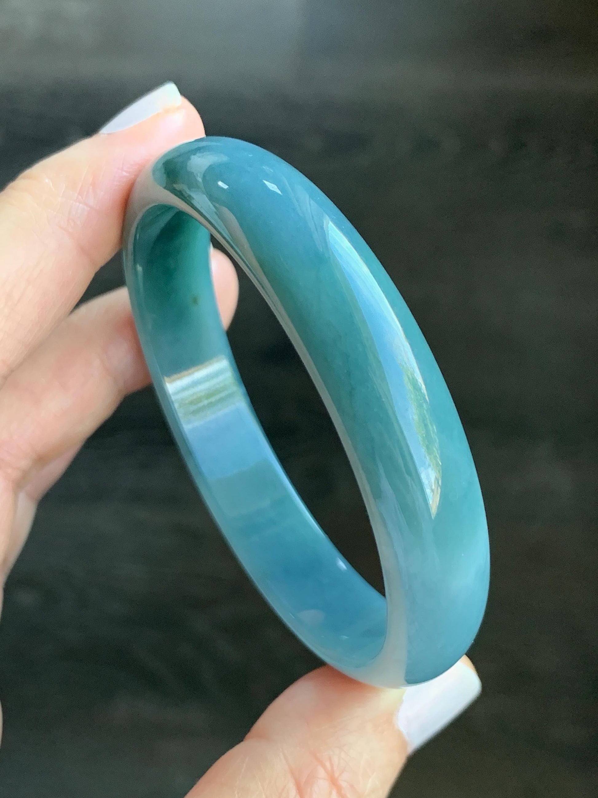 Certified Natural Grade A Guatemalan Icy Translucent Teal Blue Jadeite Bangle Bracelet 56.2mm 7” 11.8x5.5mm 34.8g 天然老种冰危蓝翡翠正圈手镯 1692