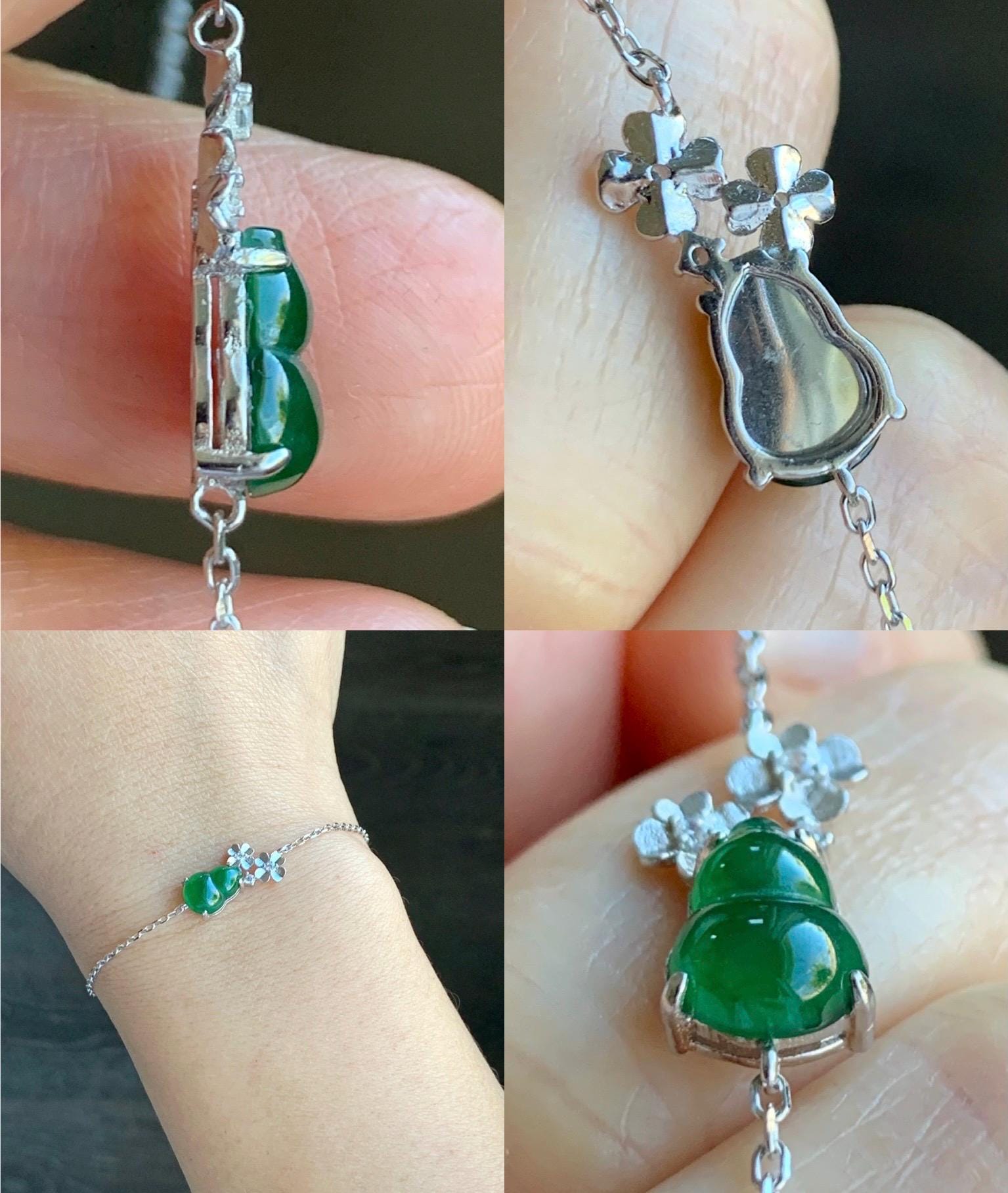 Natural Grade A Guatemalan Icy Translucent Vibrant Green Gourd Hulu Jadeite & Flowers Chain Bracelet Sterling Silver 6.5" 天然冰危绿翡翠葫芦梅花银手链