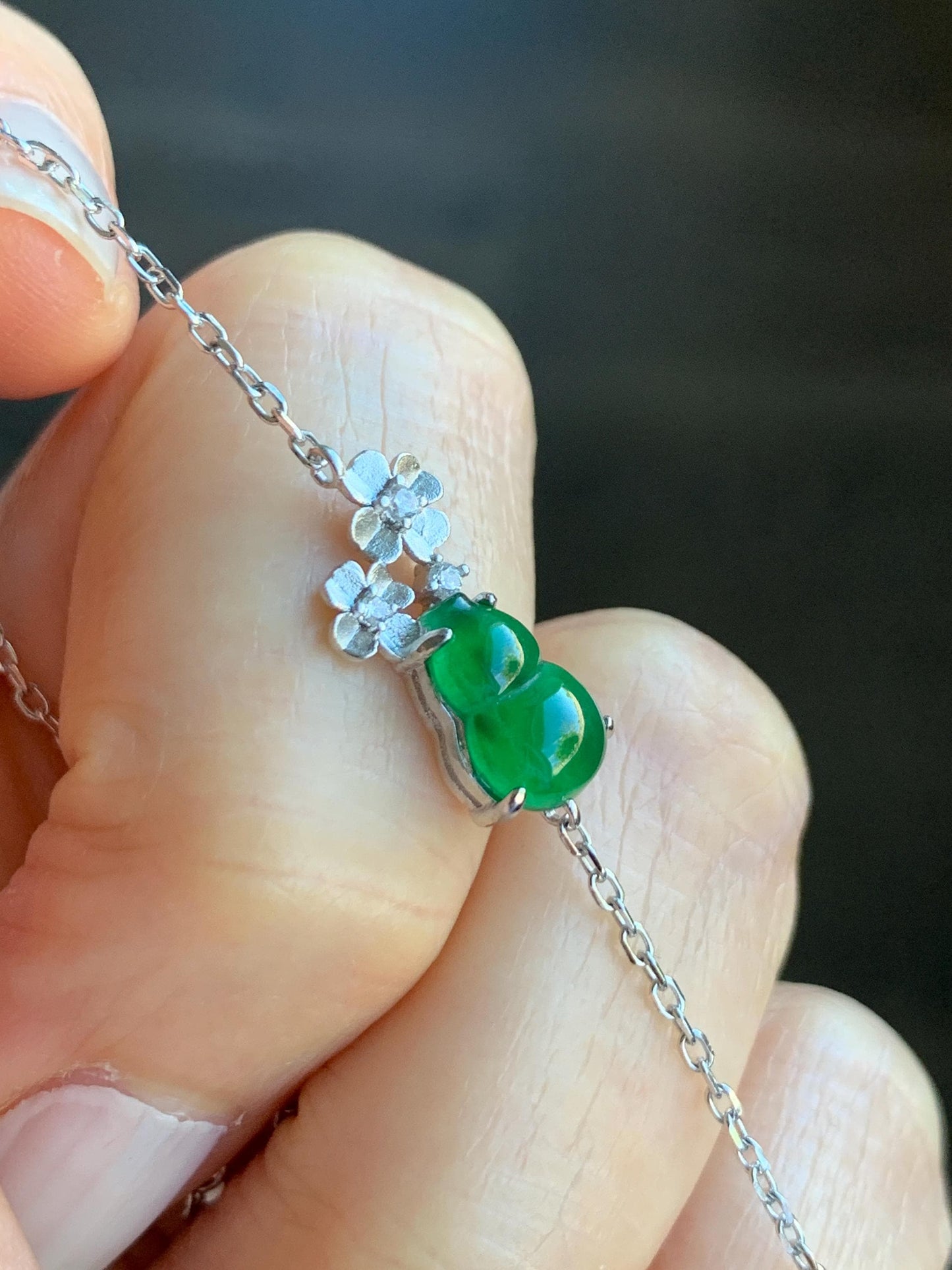 Natural Grade A Guatemalan Icy Translucent Vibrant Green Gourd Hulu Jadeite & Flowers Chain Bracelet Sterling Silver 6.5" 天然冰危绿翡翠葫芦梅花银手链