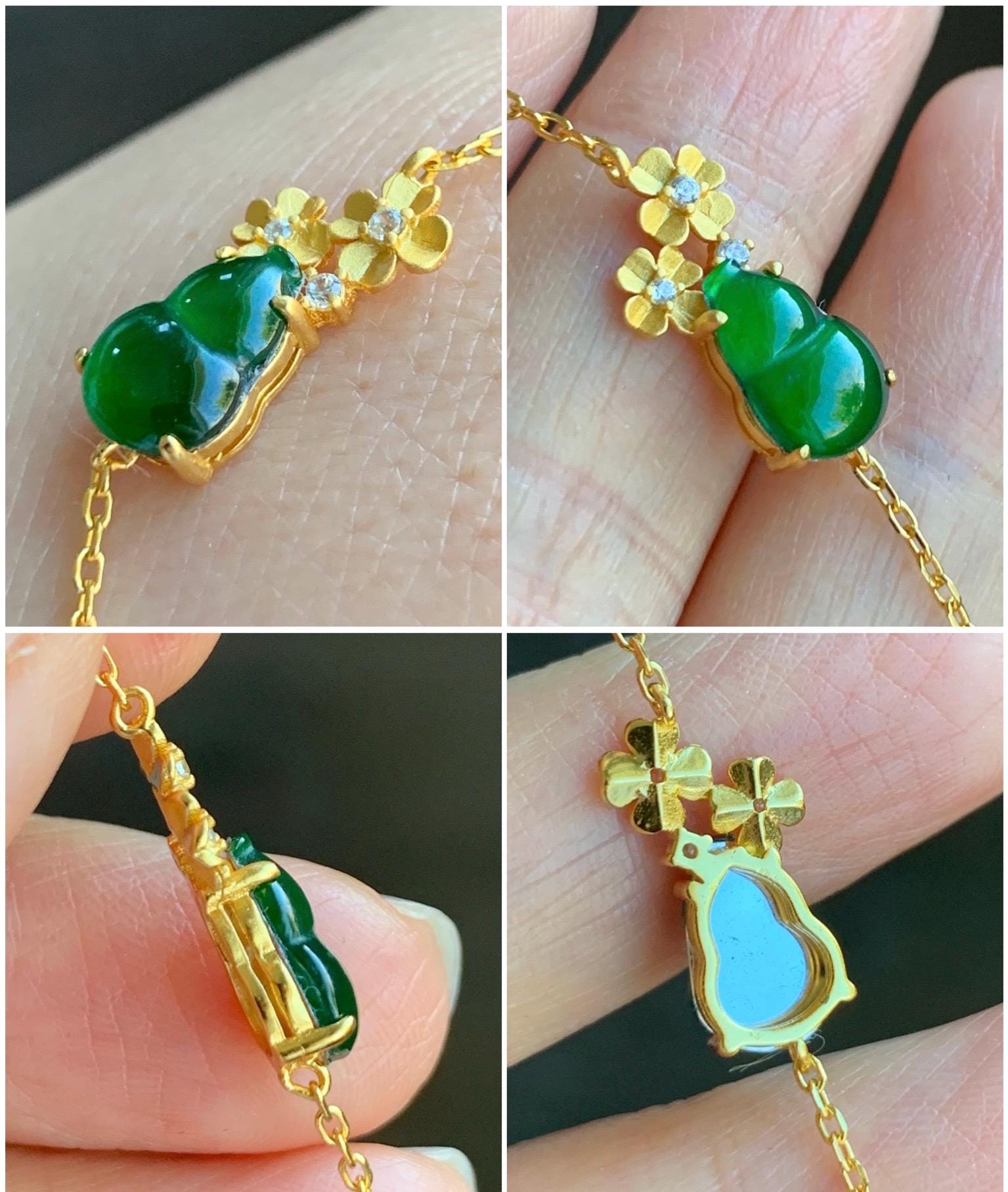 Natural Grade A Guatemalan Icy Translucent Vibrant Green Gourd Hulu Jadeite & Flowers Chain Bracelet Sterling Silver 6.5" 天然冰危绿翡翠葫芦梅花银手链