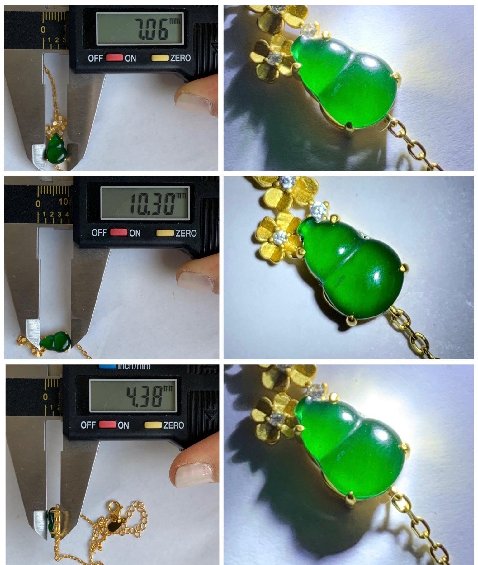 Natural Grade A Guatemalan Icy Translucent Vibrant Green Gourd Hulu Jadeite & Flowers Chain Bracelet Sterling Silver 6.5" 天然冰危绿翡翠葫芦梅花银手链