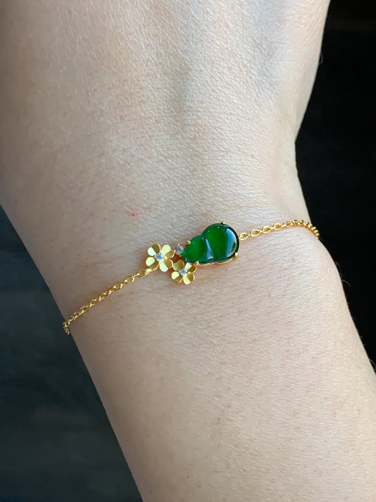 Natural Grade A Guatemalan Icy Translucent Vibrant Green Gourd Hulu Jadeite & Flowers Chain Bracelet Sterling Silver 6.5" 天然冰危绿翡翠葫芦梅花银手链