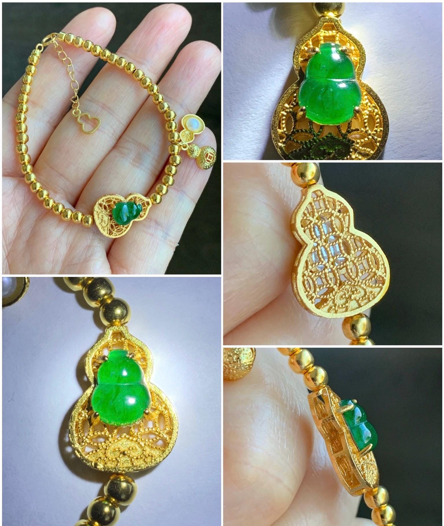 Natural Guatemalan Icy Translucent Vibrant Green Gourd Hulu Jadeite Beaded Chain Bracelet w/ Charm Sterling Silver 6"-7.25” 天然冰危绿翡翠葫芦银镶手链