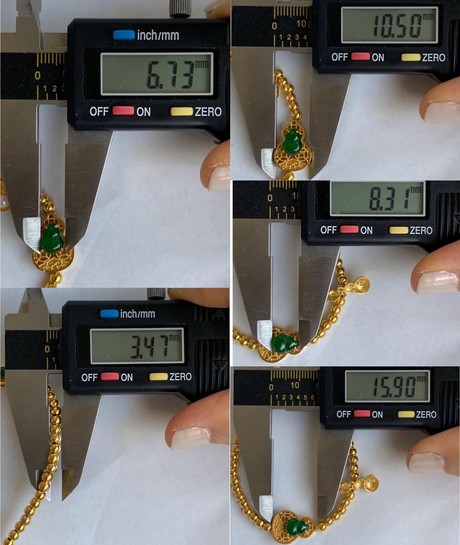 Natural Guatemalan Icy Translucent Vibrant Green Gourd Hulu Jadeite Beaded Chain Bracelet w/ Charm Sterling Silver 6"-7.25” 天然冰危绿翡翠葫芦银镶手链