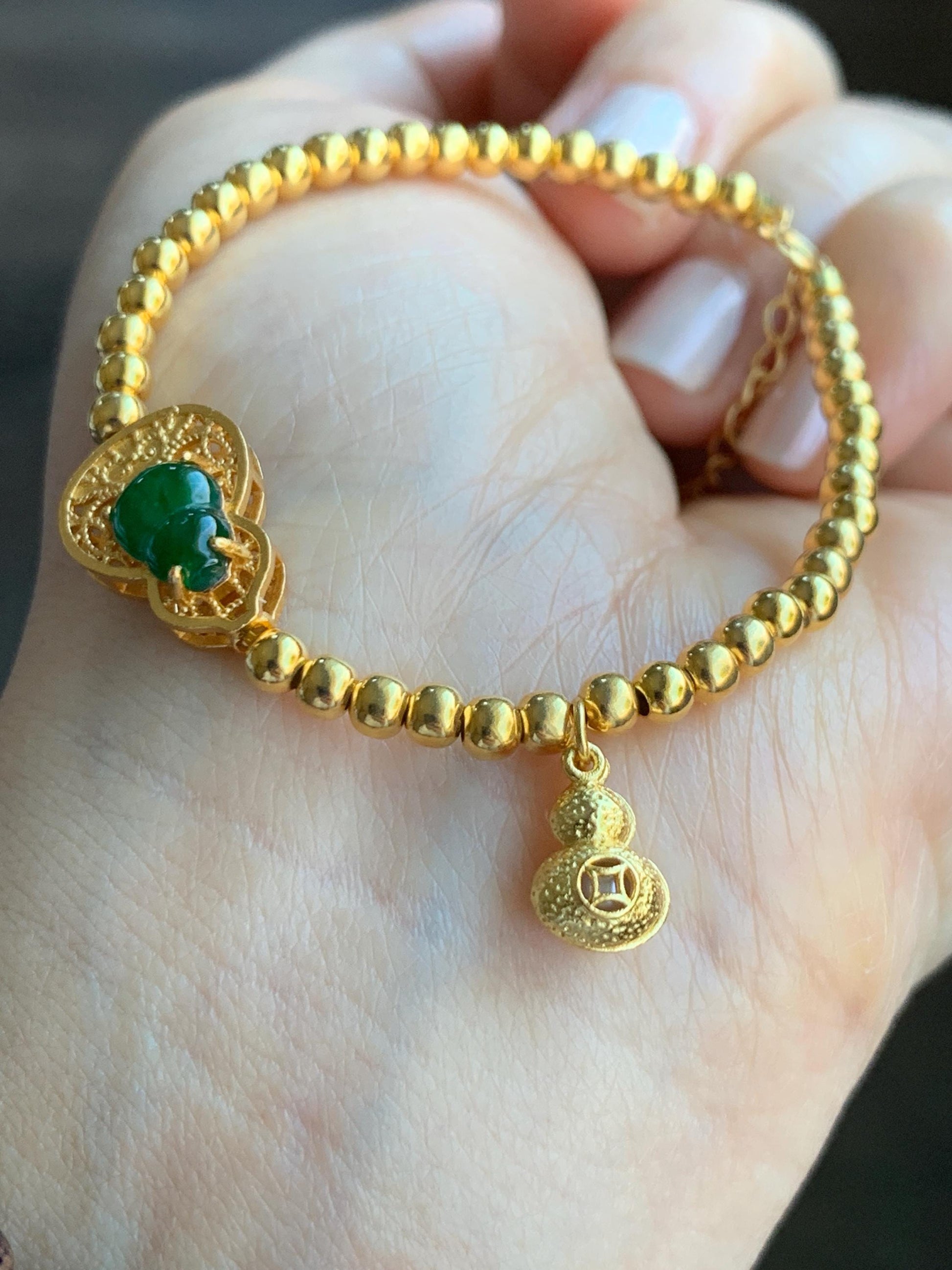 Natural Guatemalan Icy Translucent Vibrant Green Gourd Hulu Jadeite Beaded Chain Bracelet w/ Charm Sterling Silver 6"-7.25” 天然冰危绿翡翠葫芦银镶手链