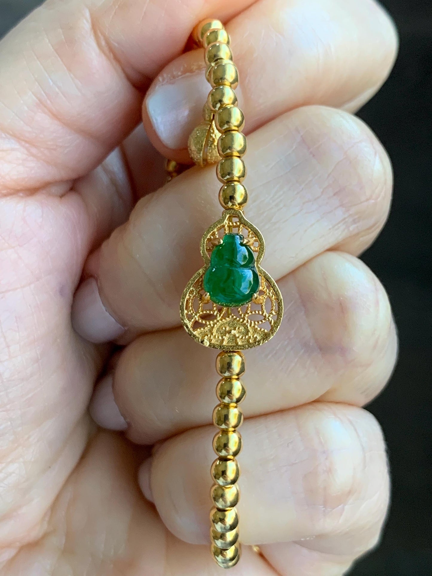 Natural Guatemalan Icy Translucent Vibrant Green Gourd Hulu Jadeite Beaded Chain Bracelet w/ Charm Sterling Silver 6"-7.25” 天然冰危绿翡翠葫芦银镶手链