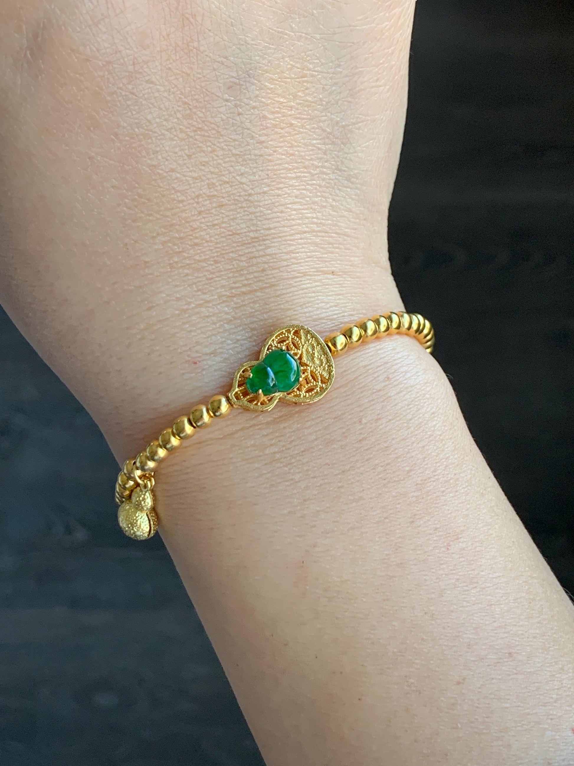 Natural Guatemalan Icy Translucent Vibrant Green Gourd Hulu Jadeite Beaded Chain Bracelet w/ Charm Sterling Silver 6"-7.25” 天然冰危绿翡翠葫芦银镶手链
