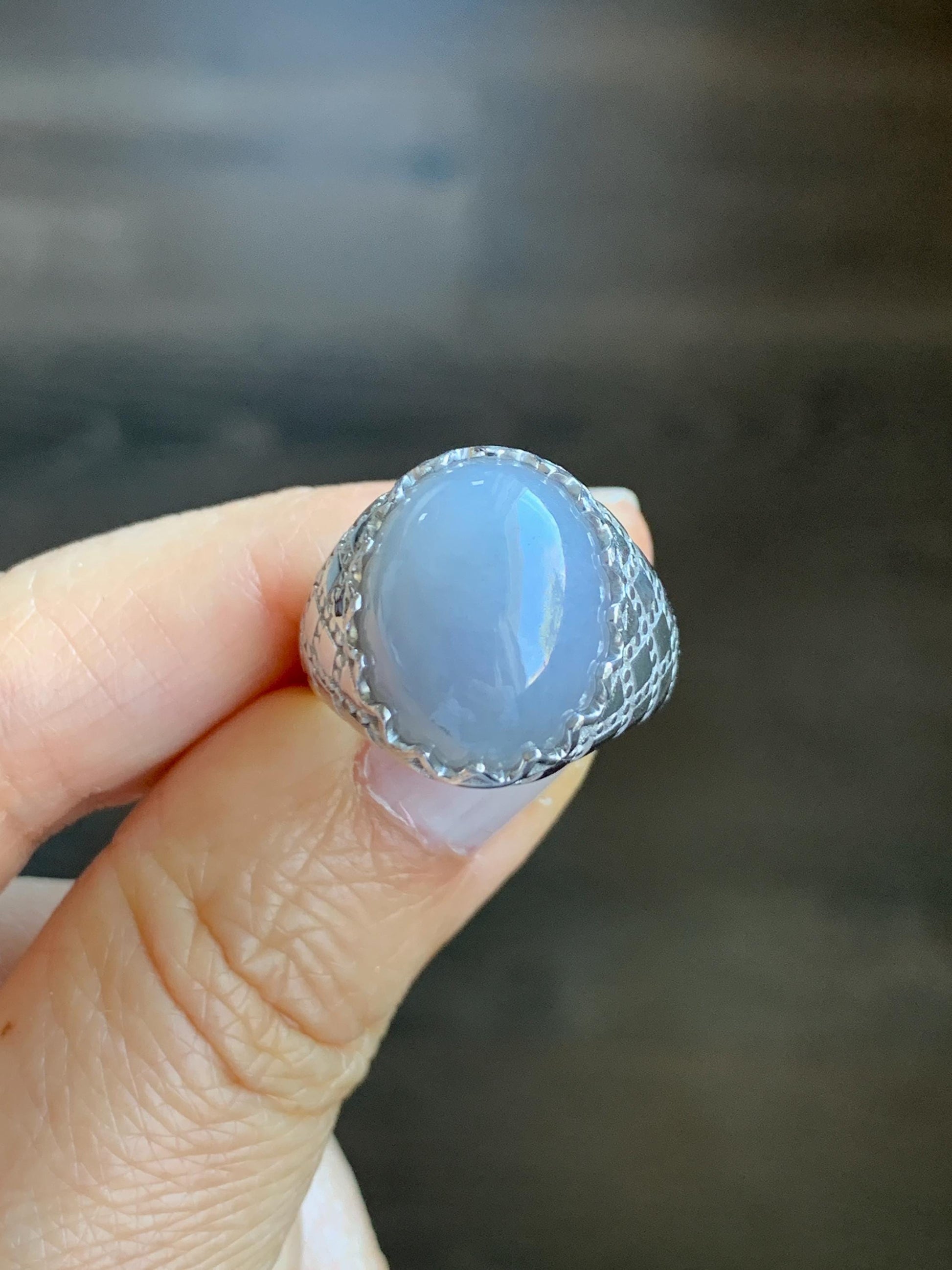 Certified Natural Grade A Icy Translation Dusty Purple Large Jadeite Oval Solitaire Ring Sterling Silver Size 7.25 US