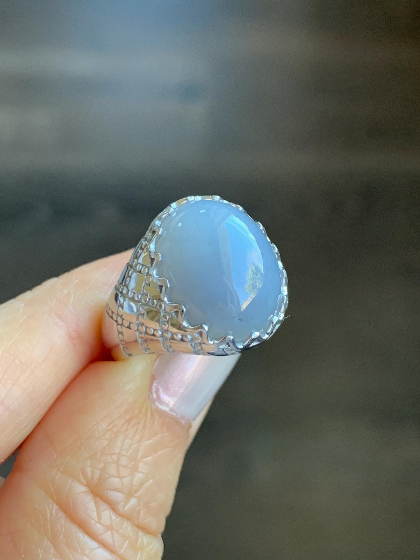 Certified Natural Grade A Icy Translation Dusty Purple Large Jadeite Oval Solitaire Ring Sterling Silver Size 7.25 US