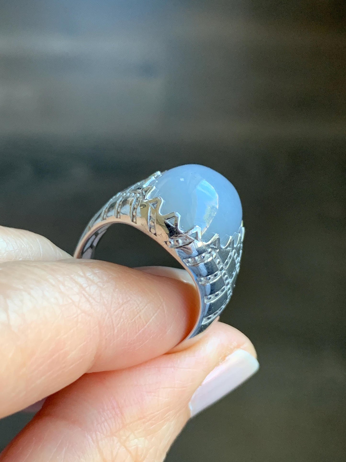 Certified Natural Grade A Icy Translation Dusty Purple Large Jadeite Oval Solitaire Ring Sterling Silver Size 7.25 US