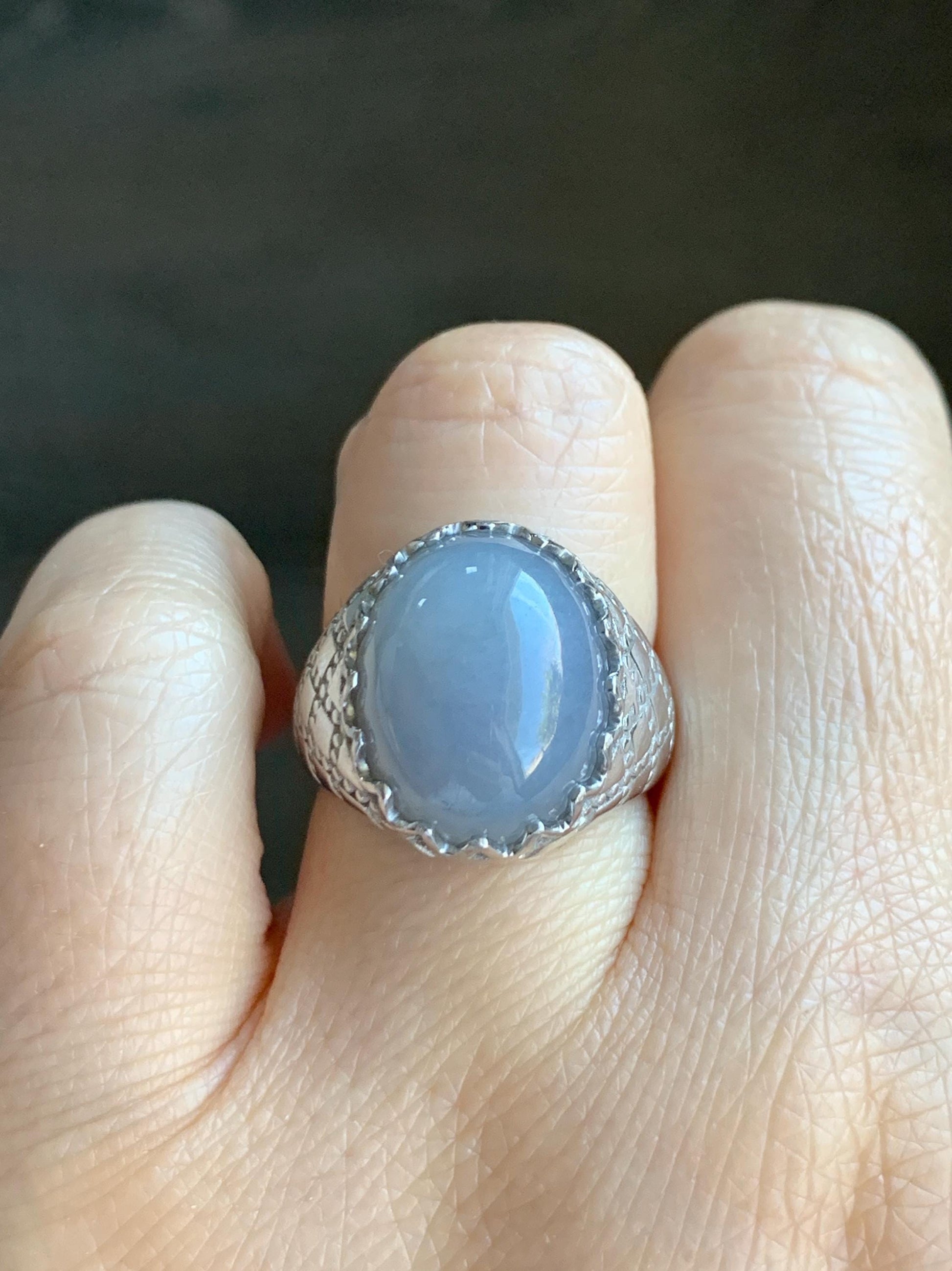 Certified Natural Grade A Icy Translation Dusty Purple Large Jadeite Oval Solitaire Ring Sterling Silver Size 7.25 US