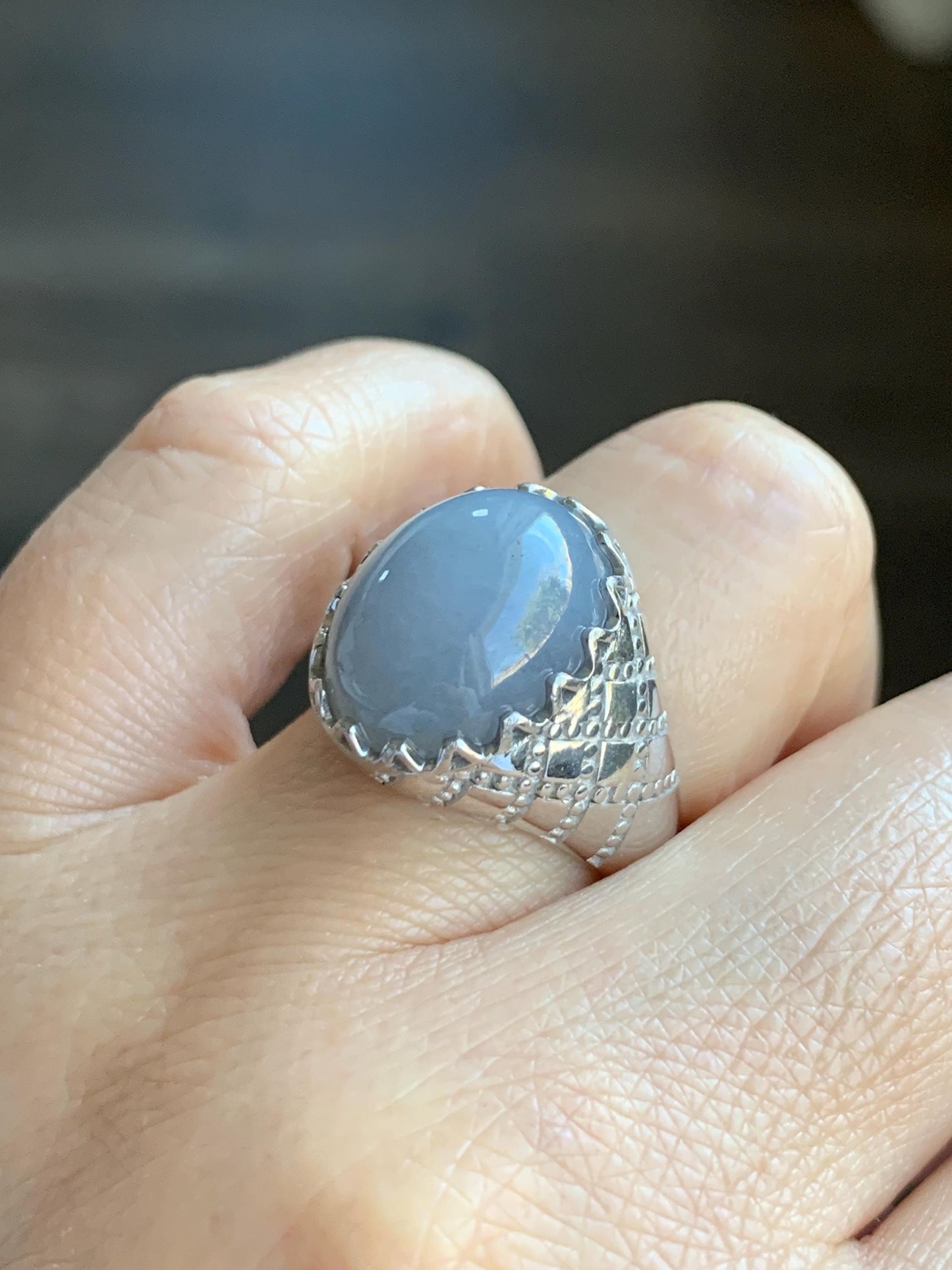 Certified Natural Grade A Icy Translation Dusty Purple Large Jadeite Oval Solitaire Ring Sterling Silver Size 7.25 US