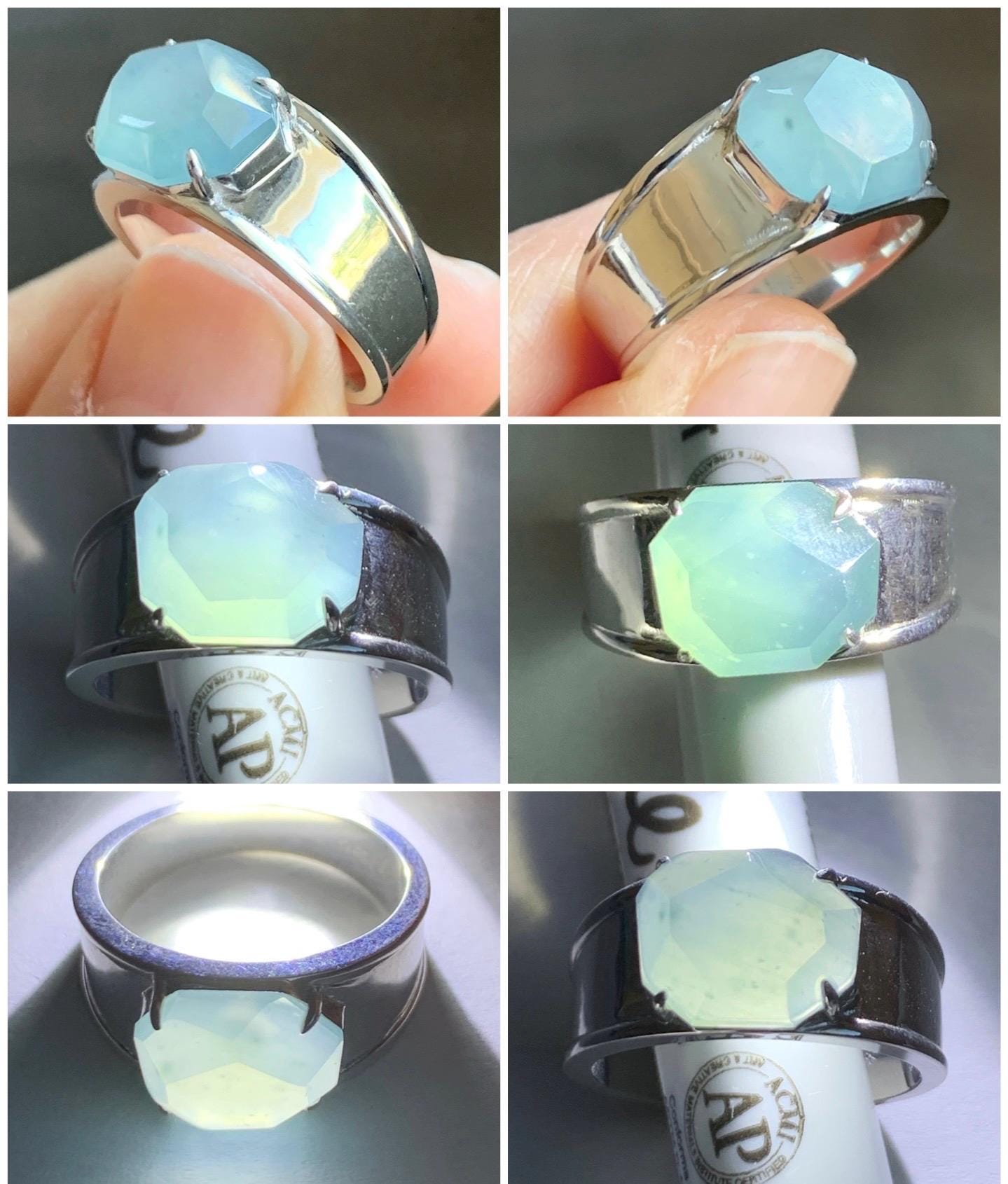 Certified Natural Garde A Icy Highly Translucent Light Blue Faceted Jadeite Cabochon Ring Sterling Silver Size 6.75 US 天然冰危淡蓝切割面翡翠银镶戒指 7381