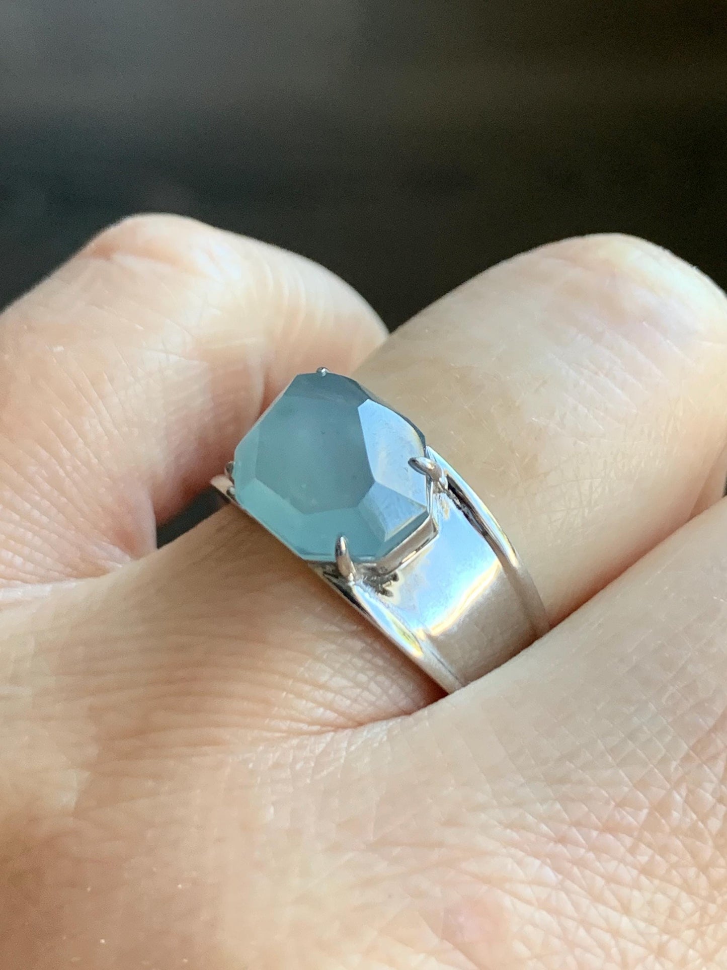 Certified Natural Garde A Icy Highly Translucent Light Blue Faceted Jadeite Cabochon Ring Sterling Silver Size 6.75 US 天然冰危淡蓝切割面翡翠银镶戒指 7381