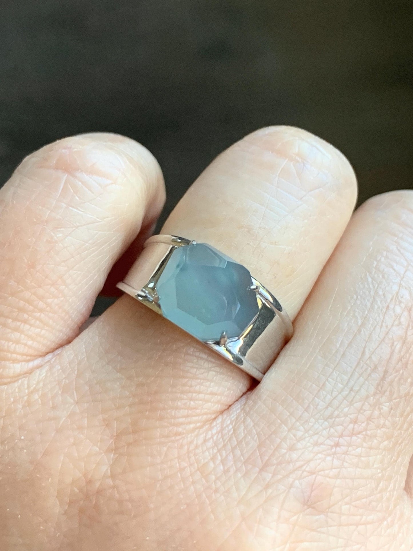 Certified Natural Garde A Icy Highly Translucent Light Blue Faceted Jadeite Cabochon Ring Sterling Silver Size 6.75 US 天然冰危淡蓝切割面翡翠银镶戒指 7381