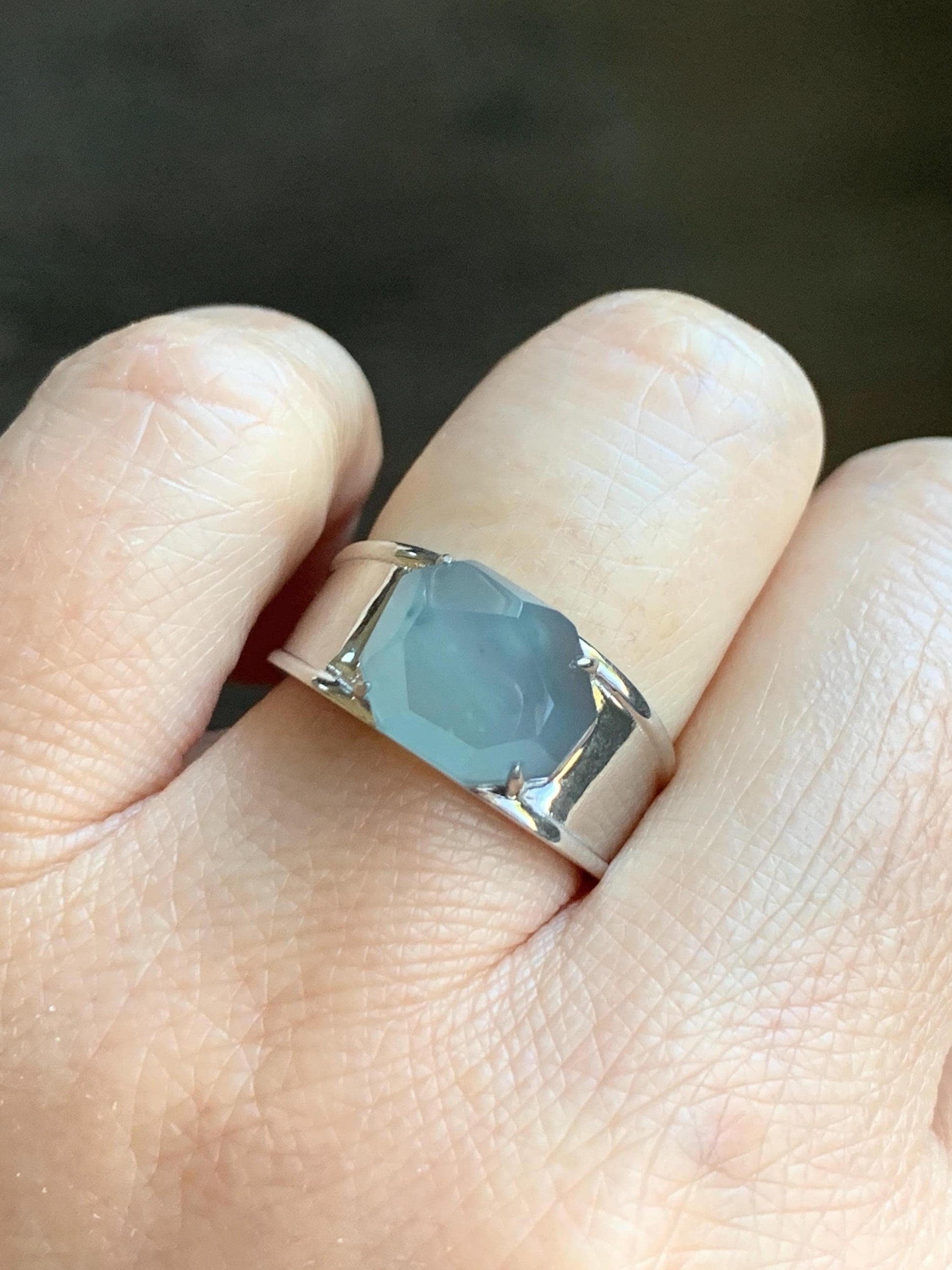 Certified Natural Garde A Icy Highly Translucent Light Blue Faceted Jadeite Cabochon Ring Sterling Silver Size 6.75 US 天然冰危淡蓝切割面翡翠银镶戒指 7381