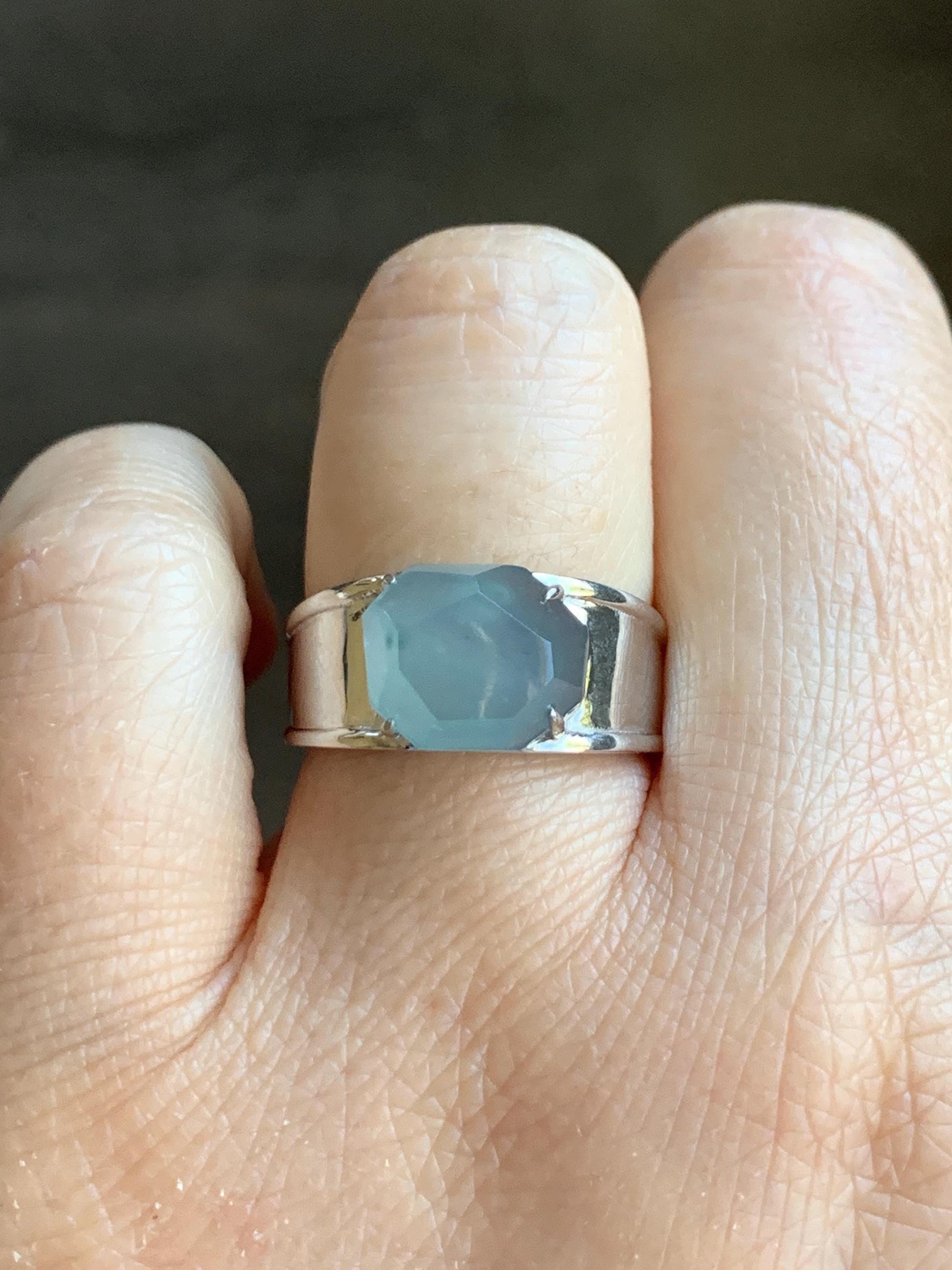 Certified Natural Garde A Icy Highly Translucent Light Blue Faceted Jadeite Cabochon Ring Sterling Silver Size 6.75 US 天然冰危淡蓝切割面翡翠银镶戒指 7381