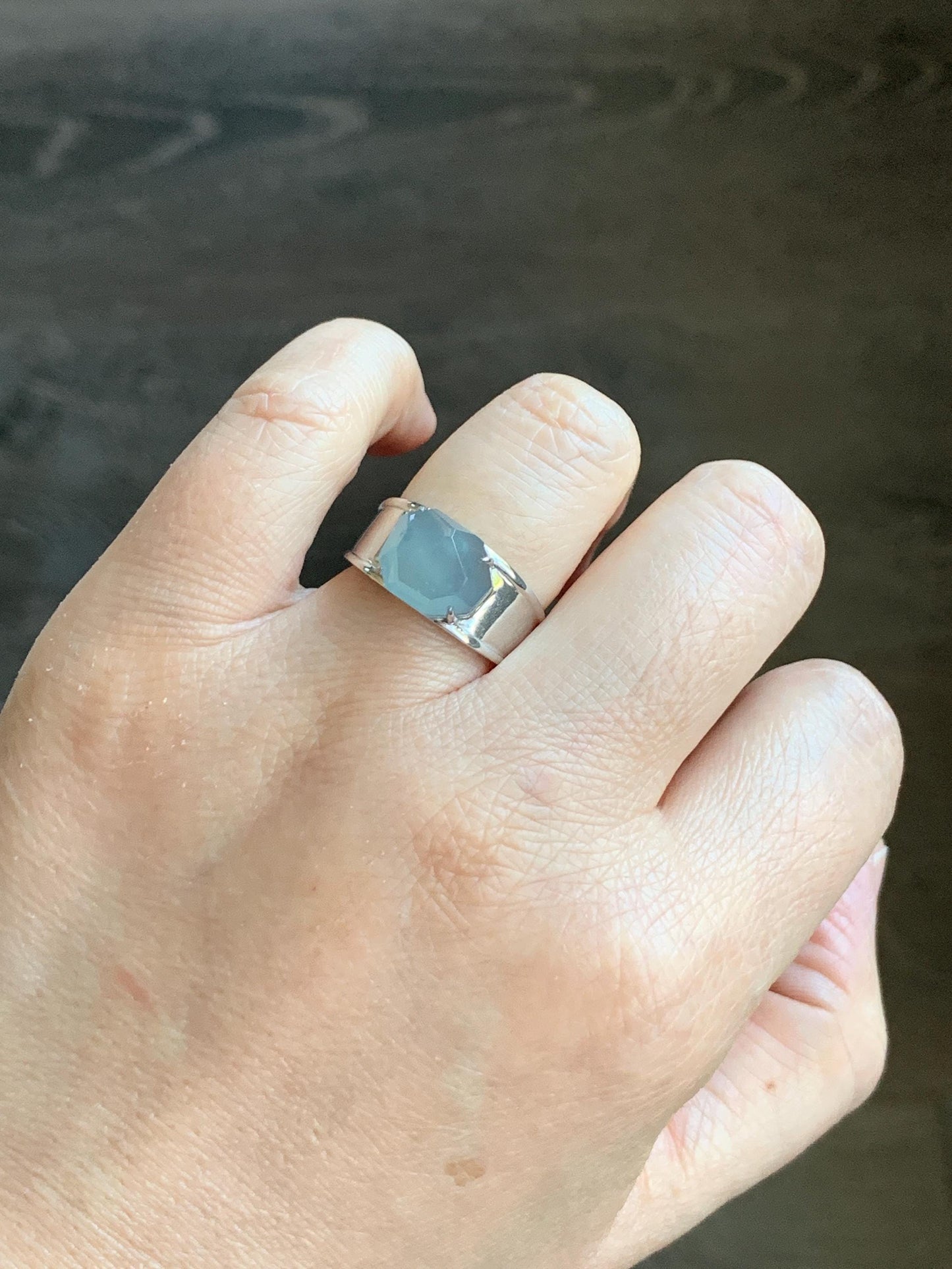 Certified Natural Garde A Icy Highly Translucent Light Blue Faceted Jadeite Cabochon Ring Sterling Silver Size 6.75 US 天然冰危淡蓝切割面翡翠银镶戒指 7381
