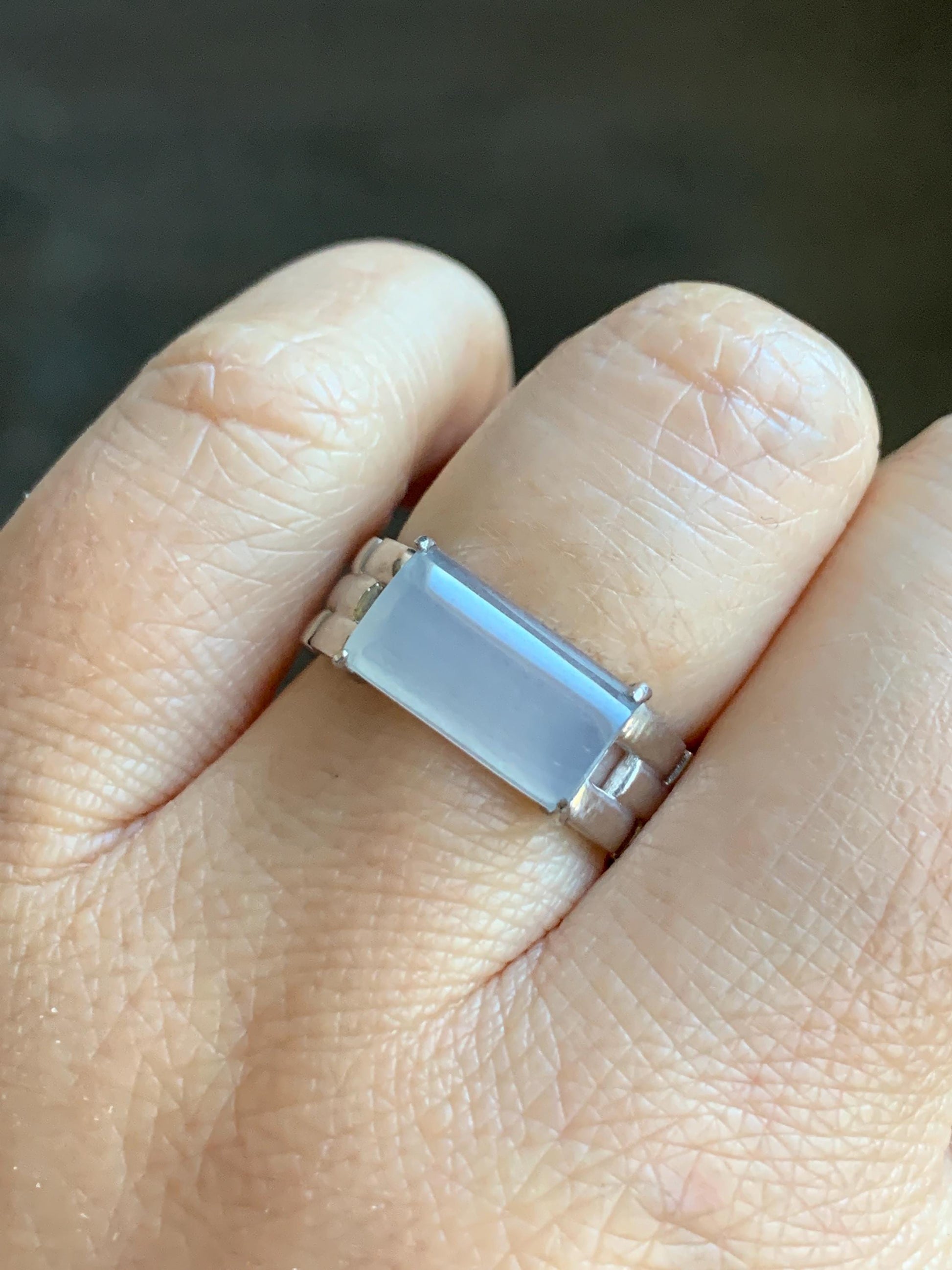 Certified Natural Grade A Icy Premium White Jadeite Saddle Cabochon Buckle Link Band Ring Size 7.25 US 4.37g 天然A货冰淡紫底起光翡翠马鞍手表链戒指 7387